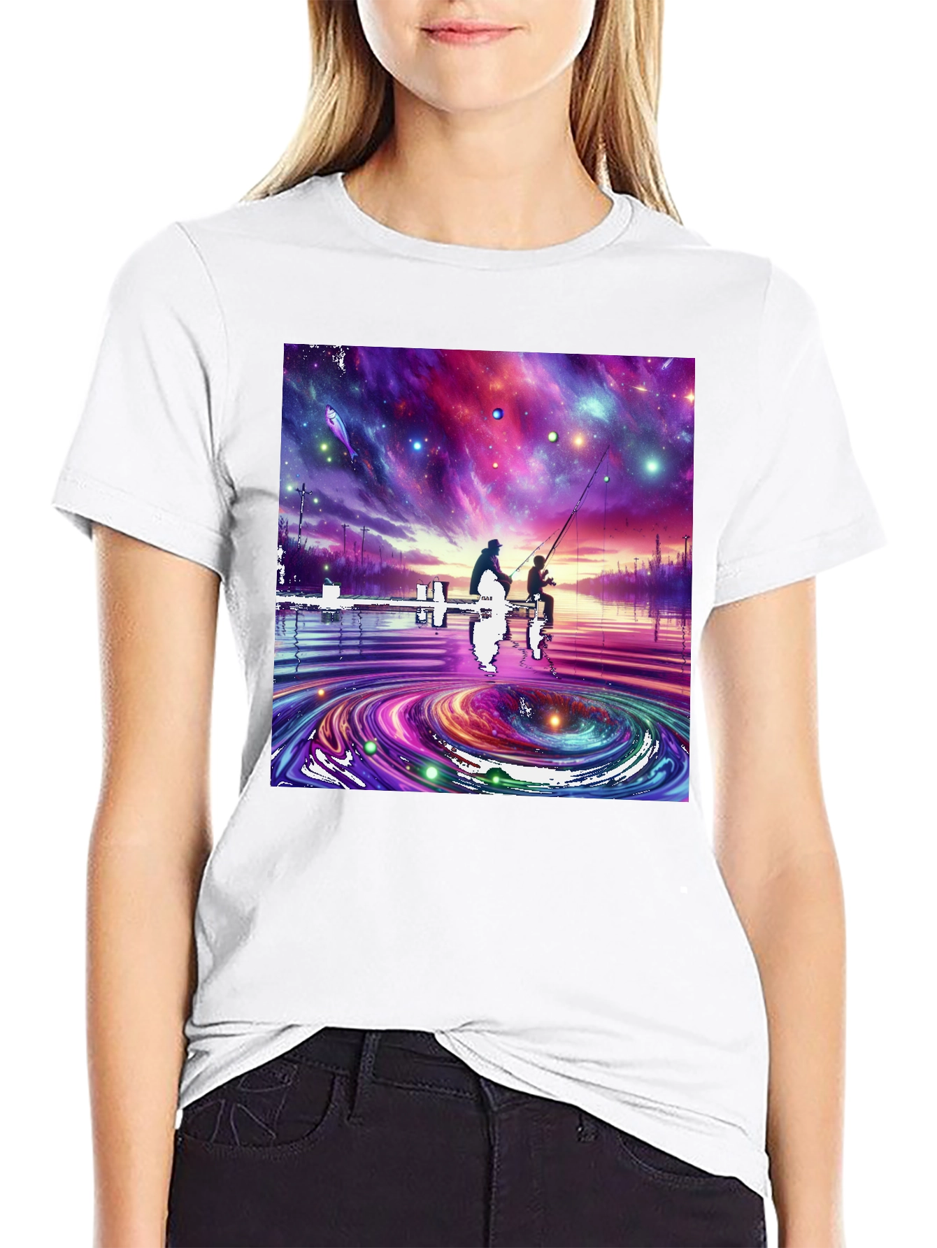 Cosmic Fishing Tee - Celestial Waters Design