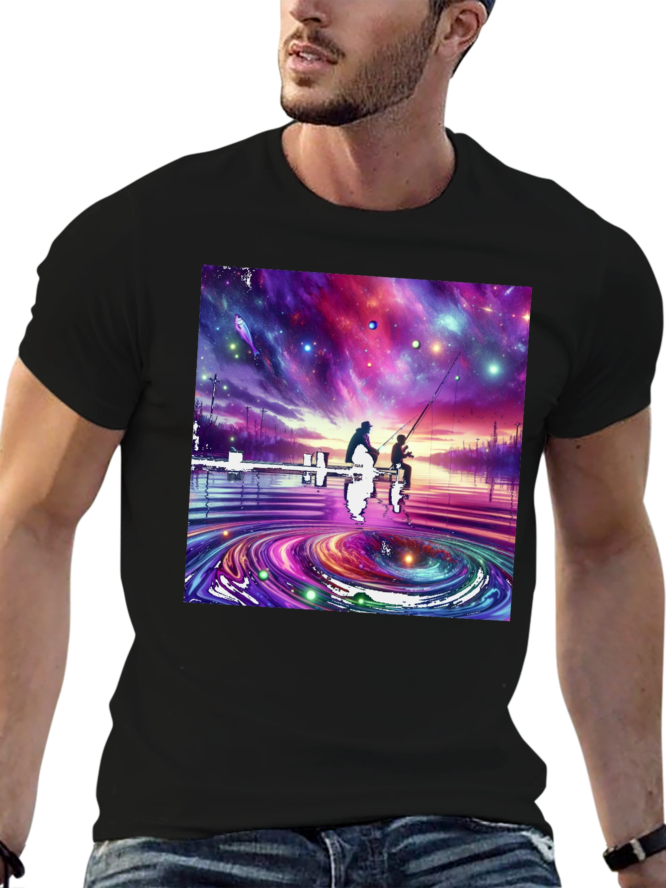 Cosmic Fishing Tee - Celestial Waters Design