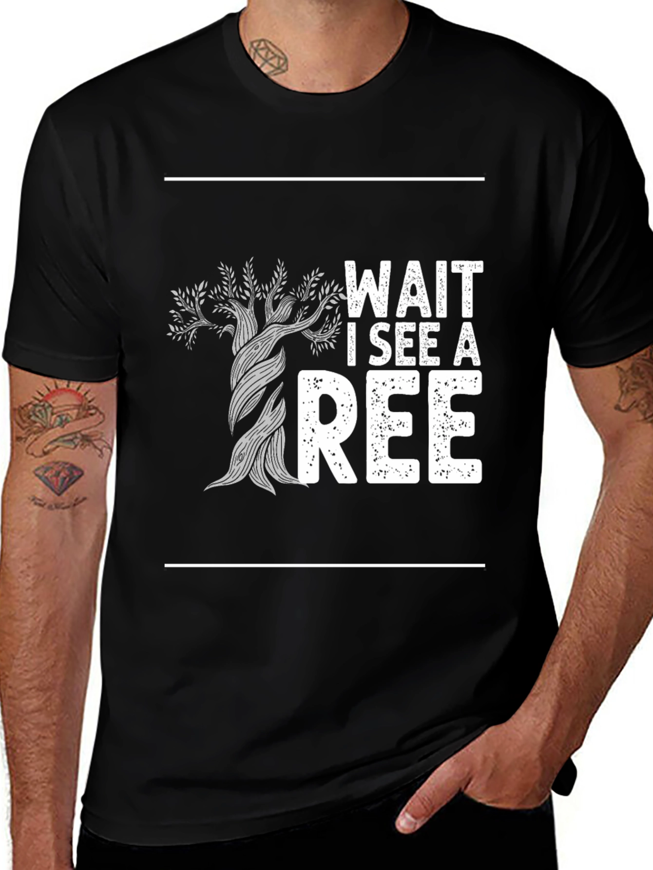 Wait I See a Tree Graphic Print Black T-Shirt