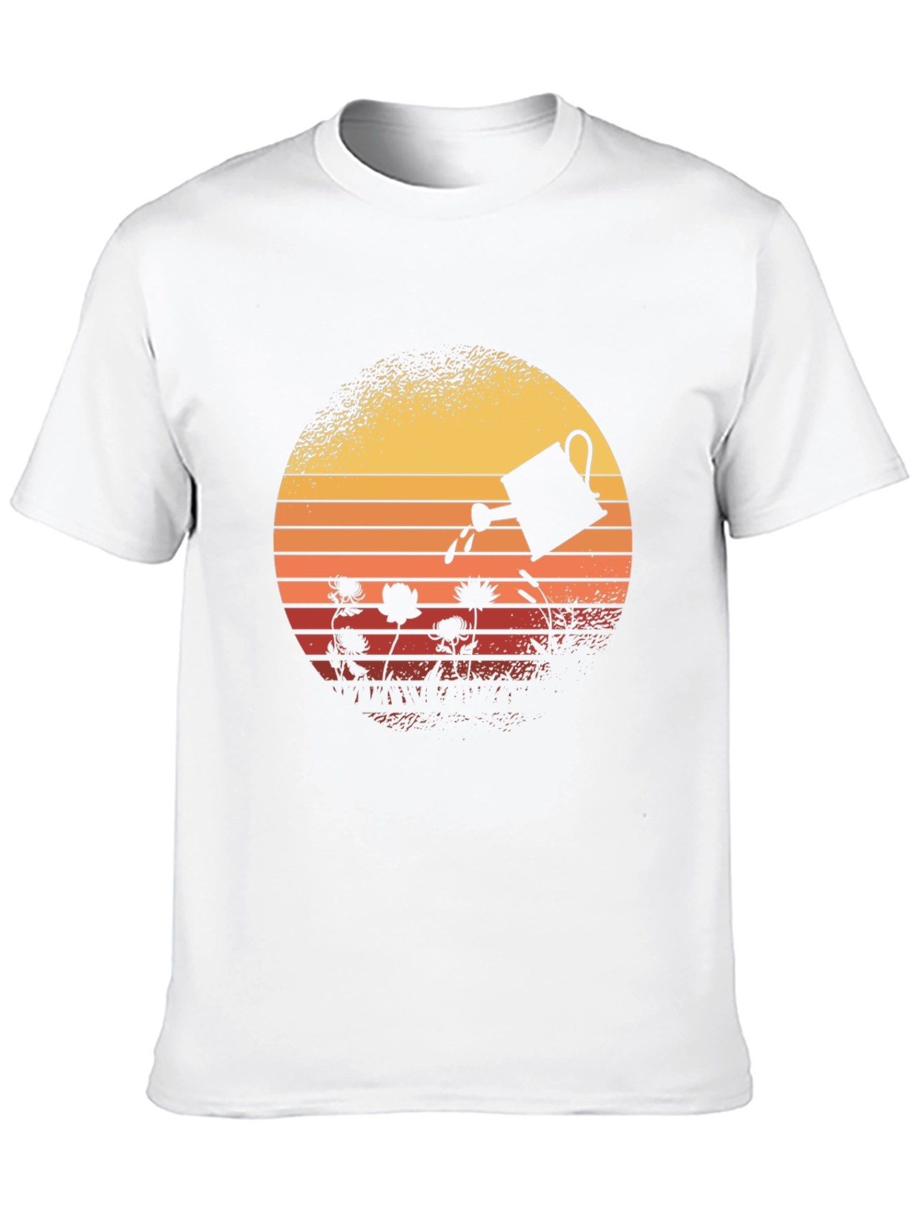 Retro Gardening T-Shirt - Watering Can Sunset Design