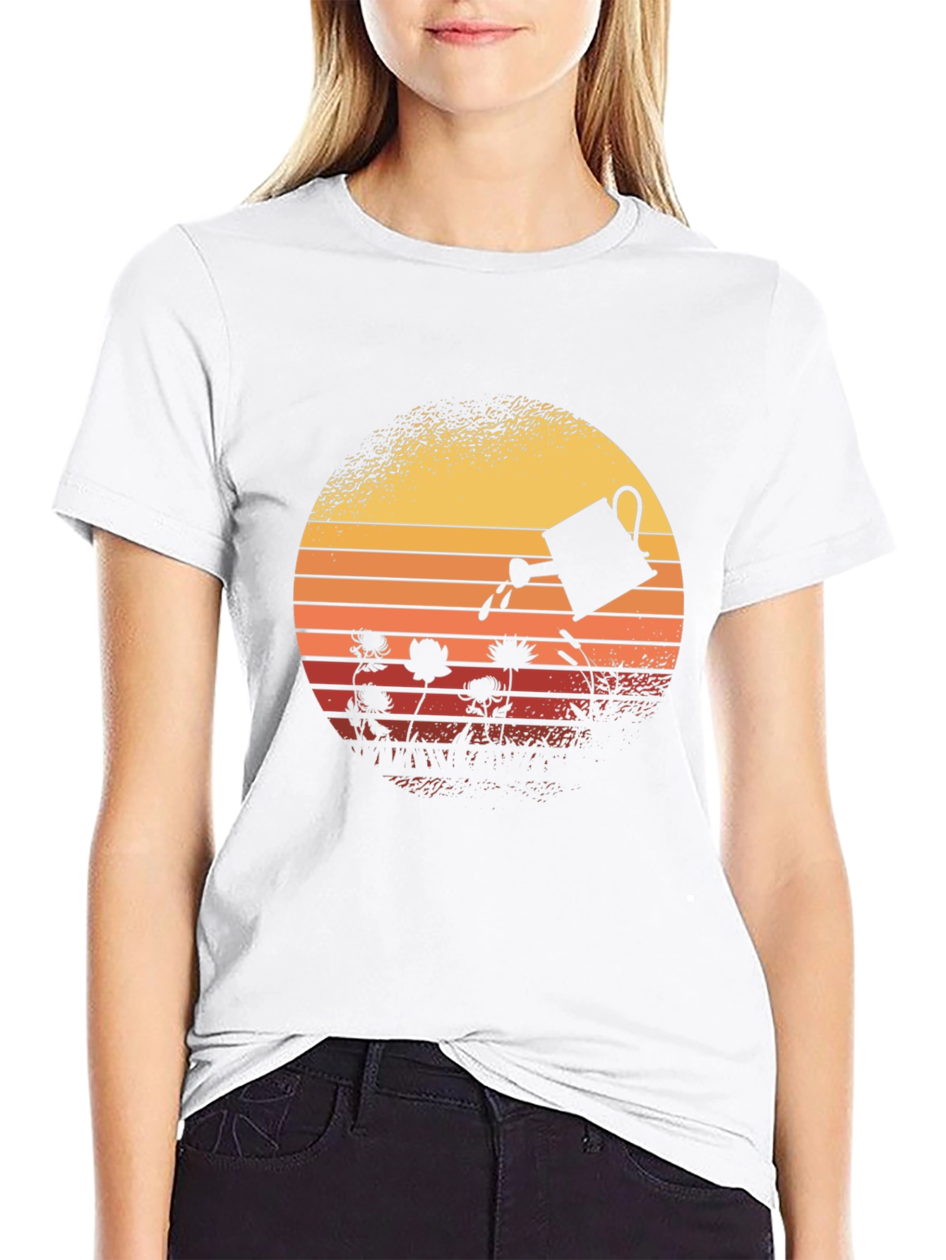 Retro Gardening T-Shirt - Watering Can Sunset Design