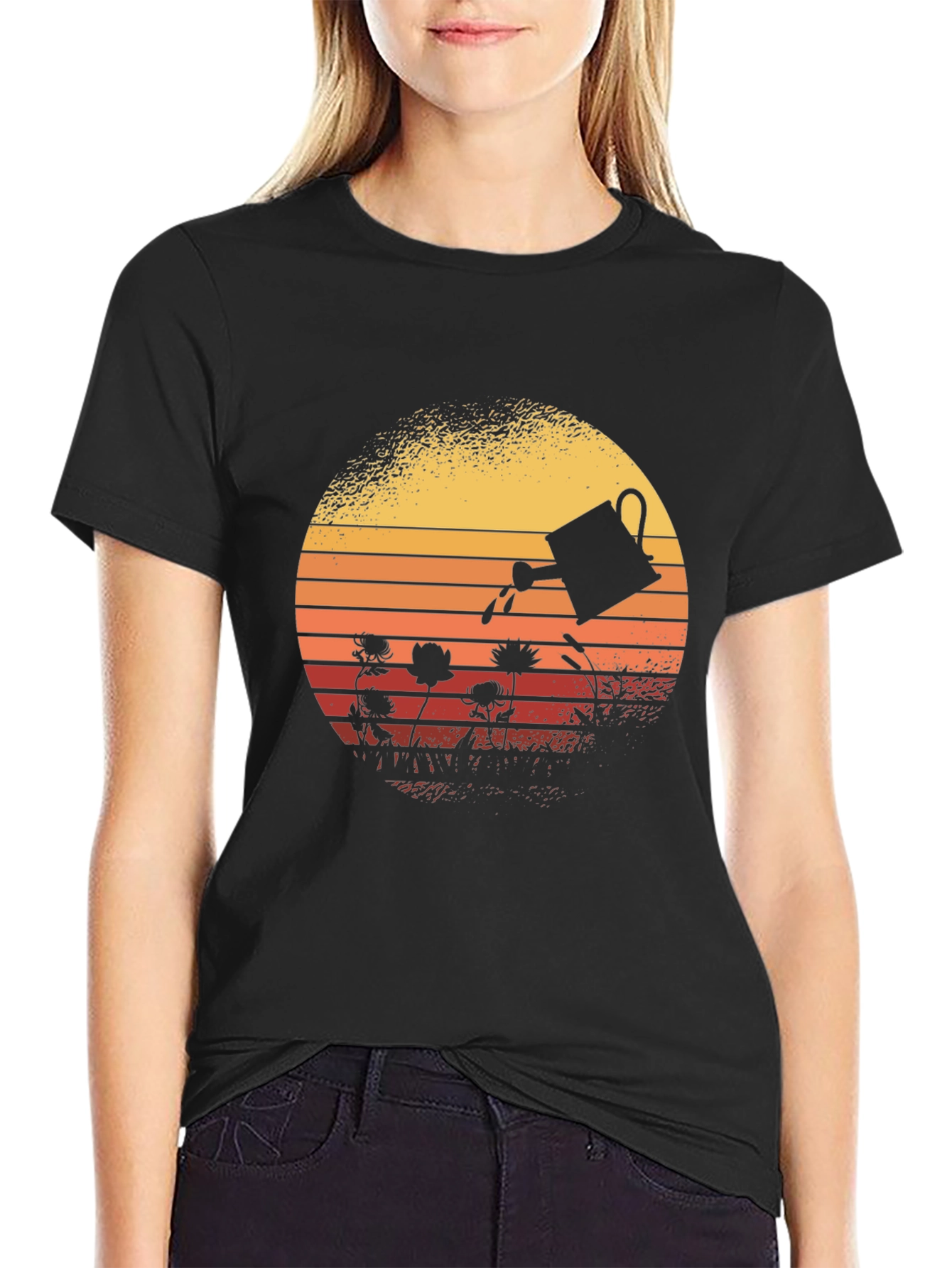 Retro Gardening T-Shirt - Watering Can Sunset Design