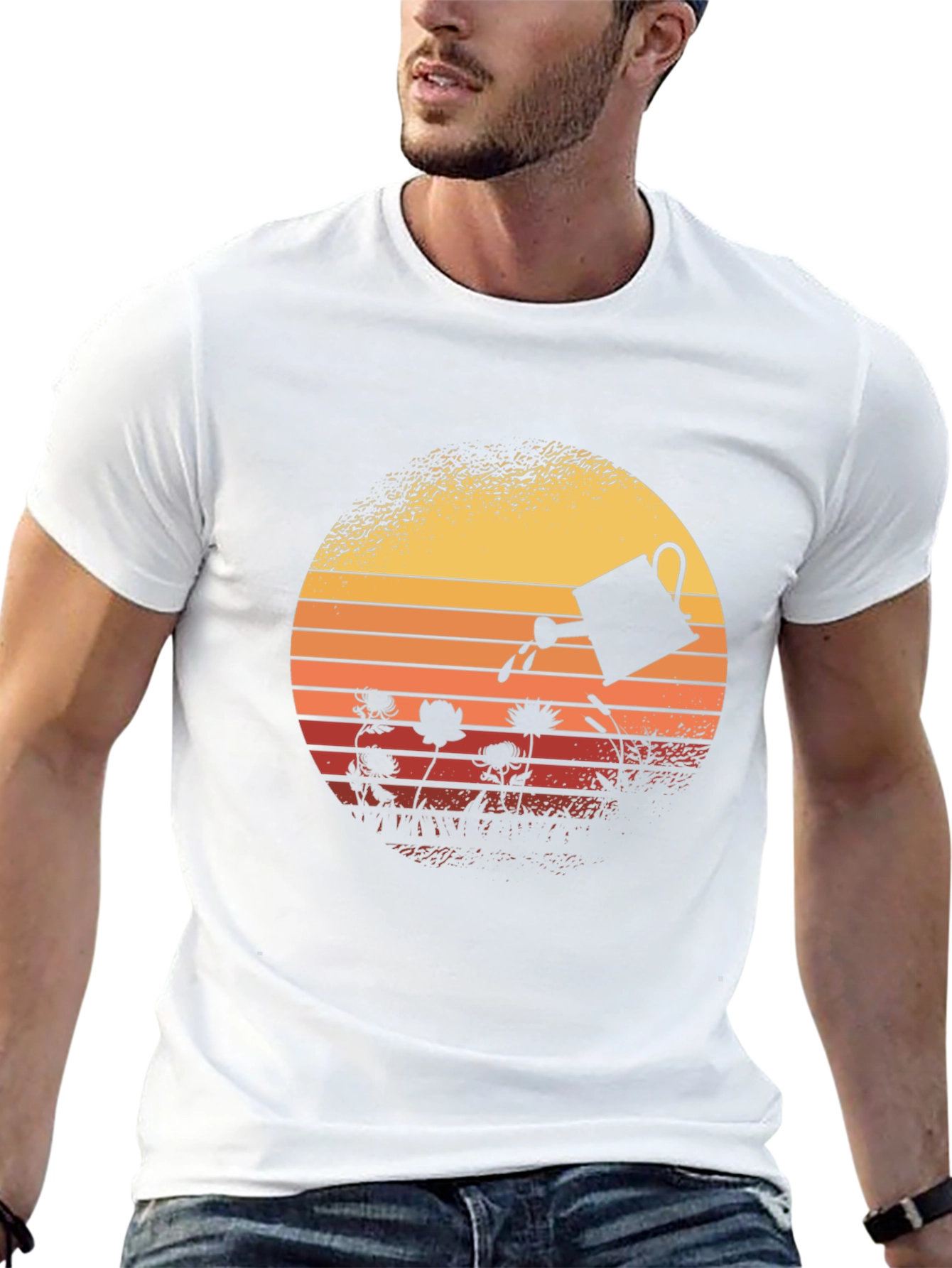 Retro Gardening T-Shirt - Watering Can Sunset Design