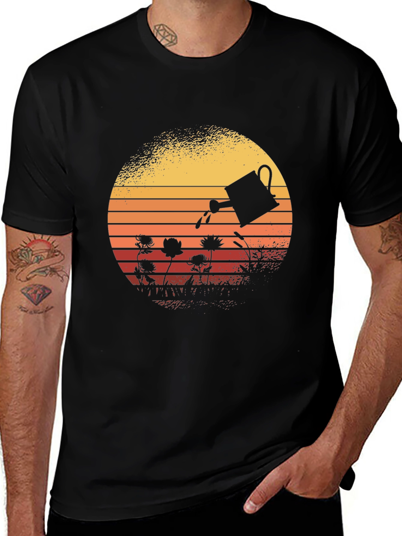 Retro Gardening T-Shirt - Watering Can Sunset Design