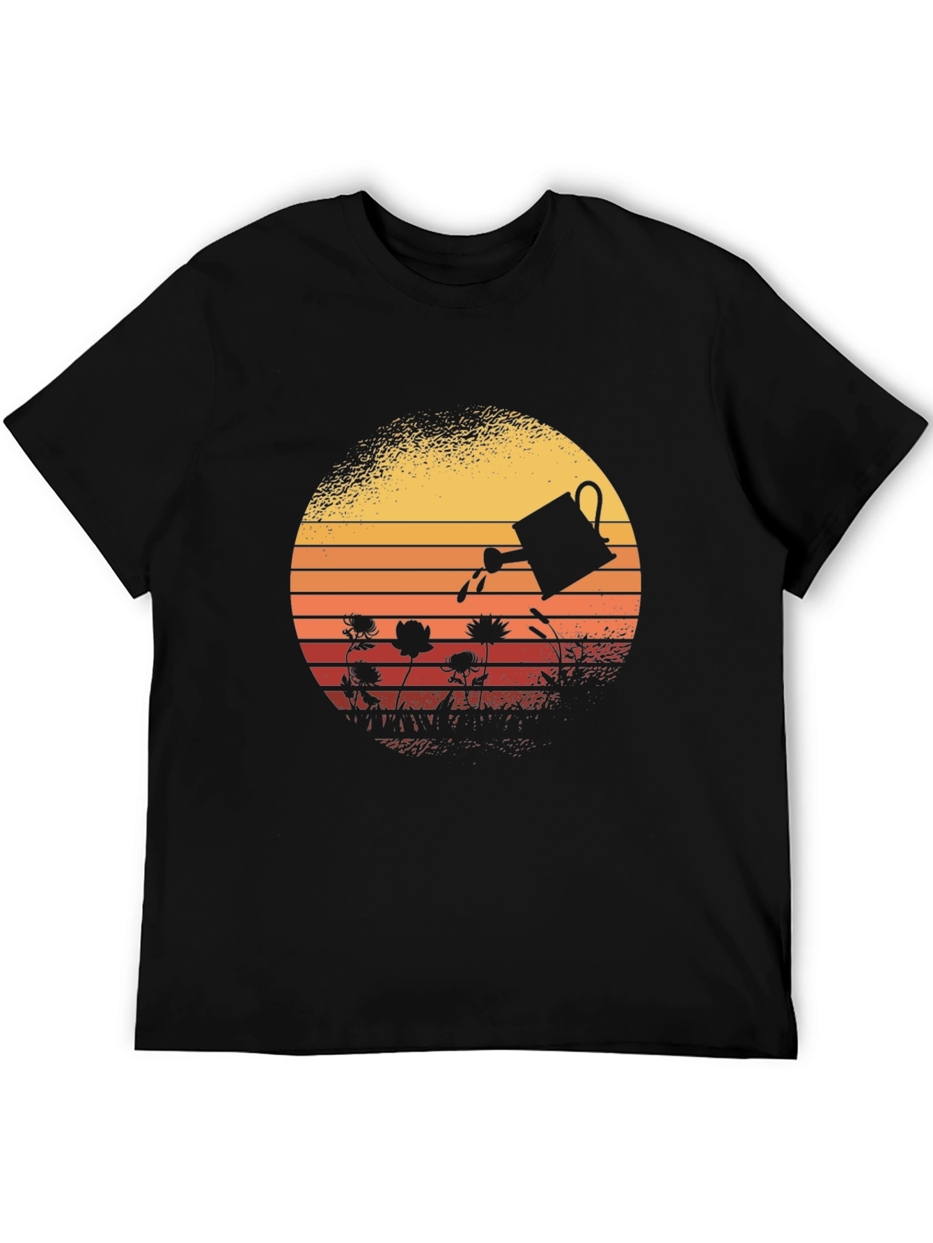 Retro Gardening T-Shirt - Watering Can Sunset Design