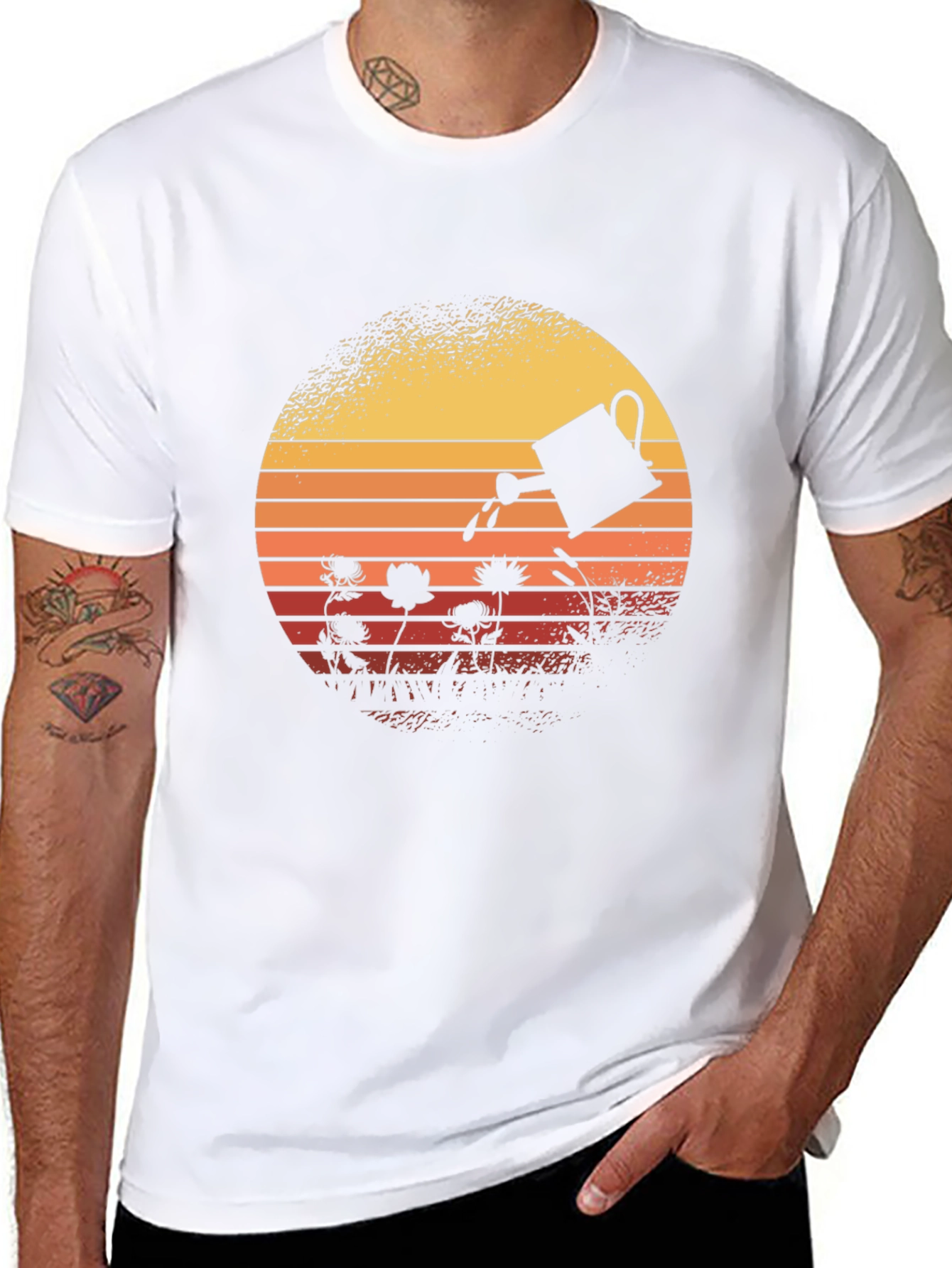 Retro Gardening T-Shirt - Watering Can Sunset Design
