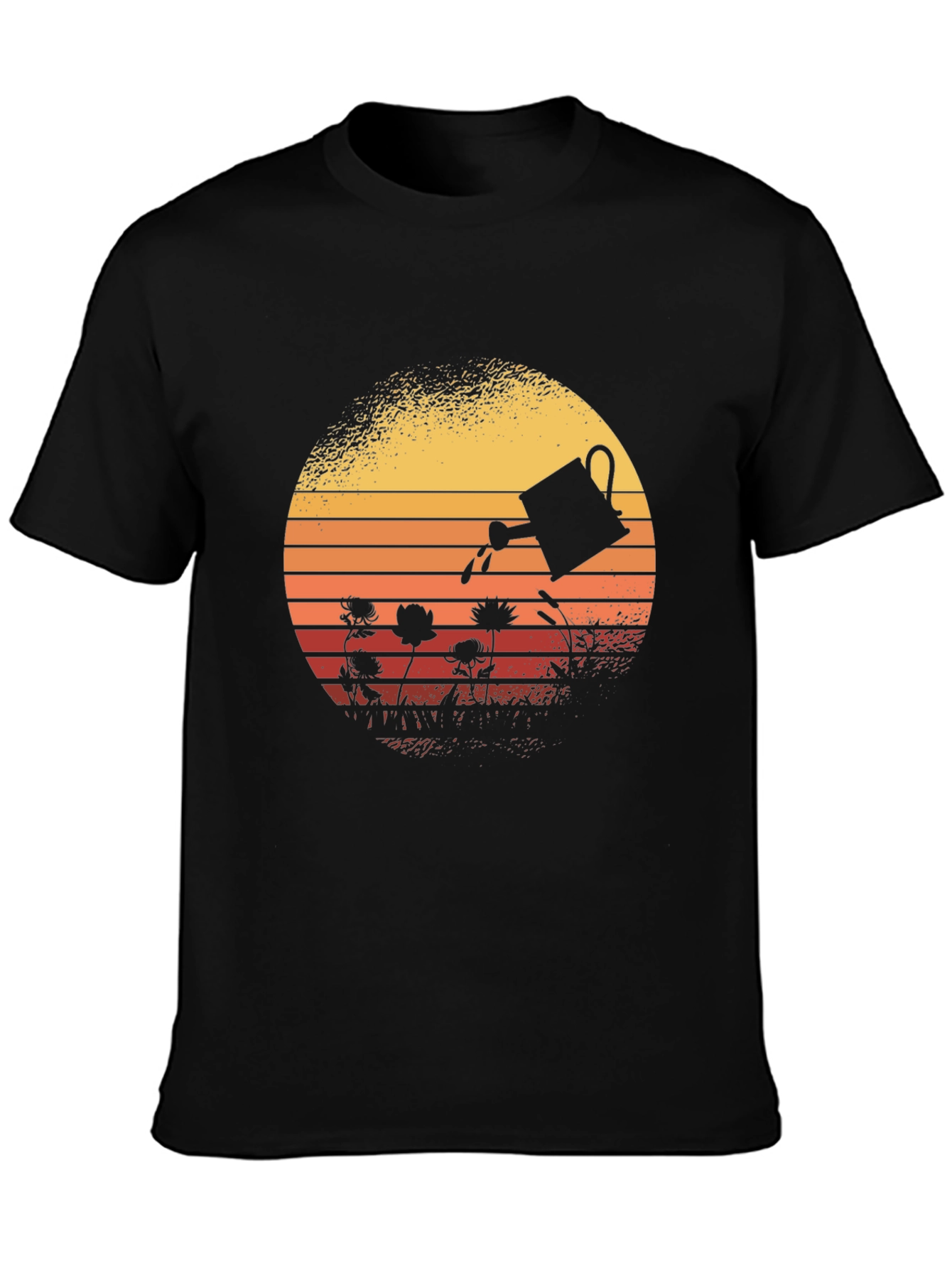 Retro Gardening T-Shirt - Watering Can Sunset Design