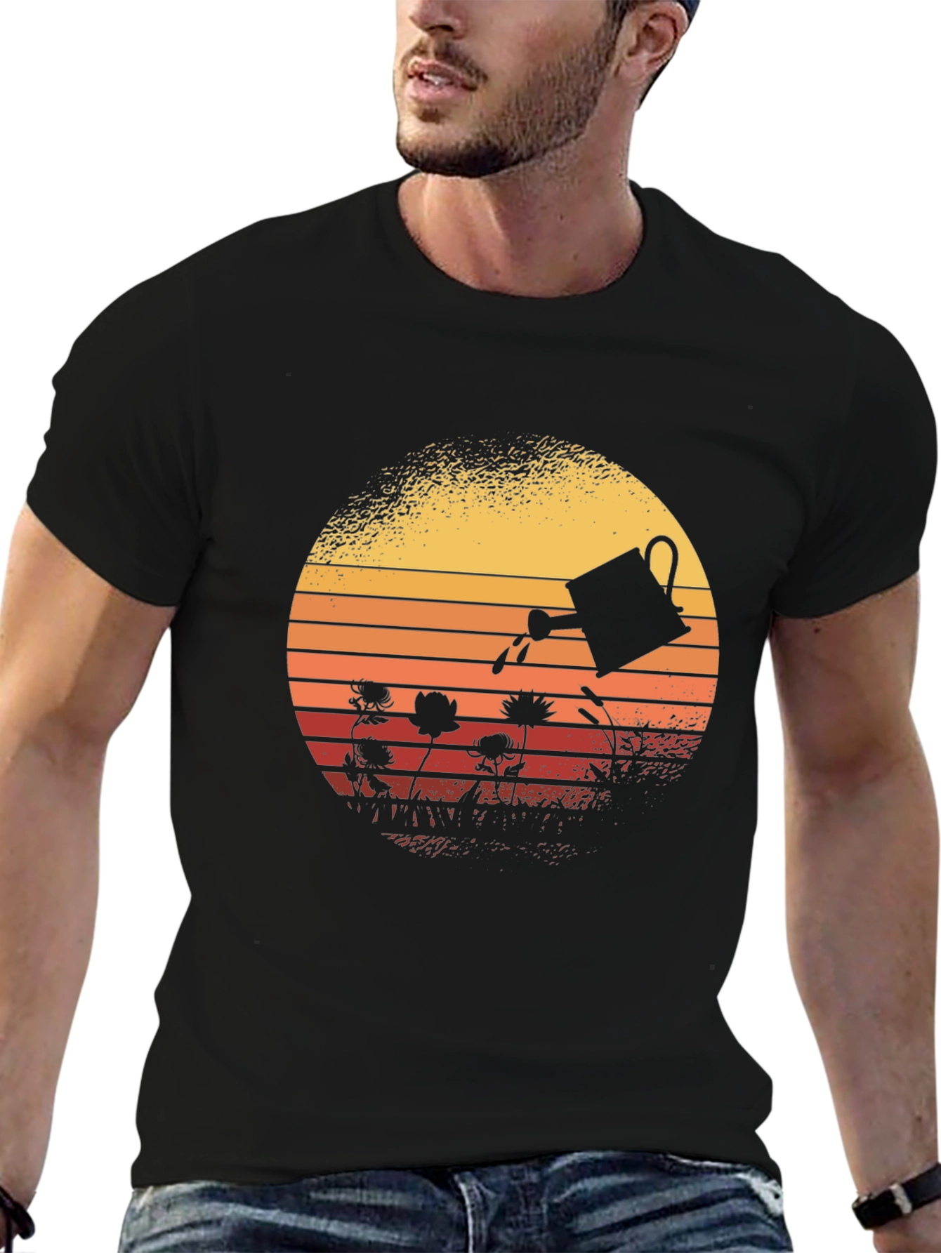 Retro Gardening T-Shirt - Watering Can Sunset Design