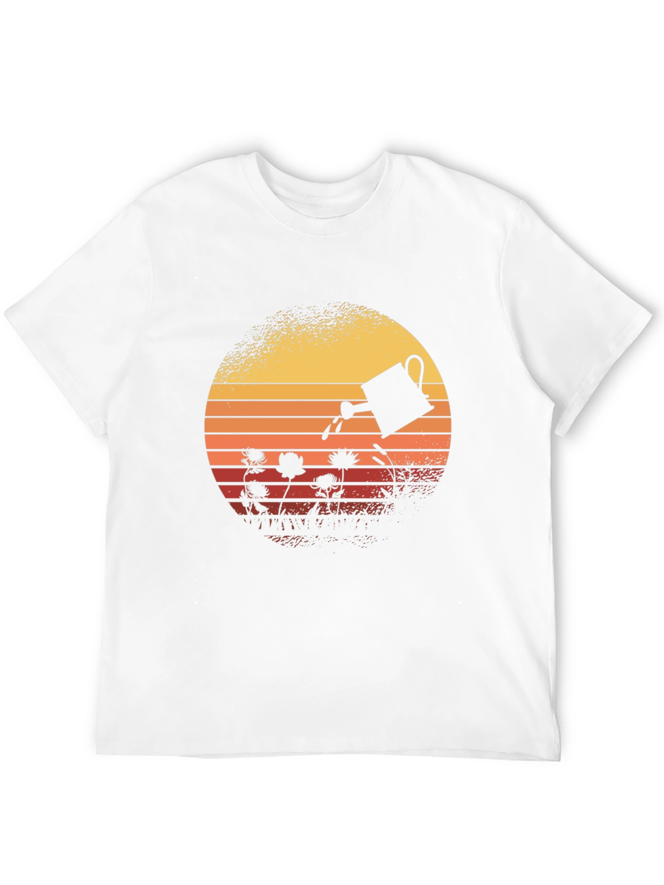 Retro Gardening T-Shirt - Watering Can Sunset Design