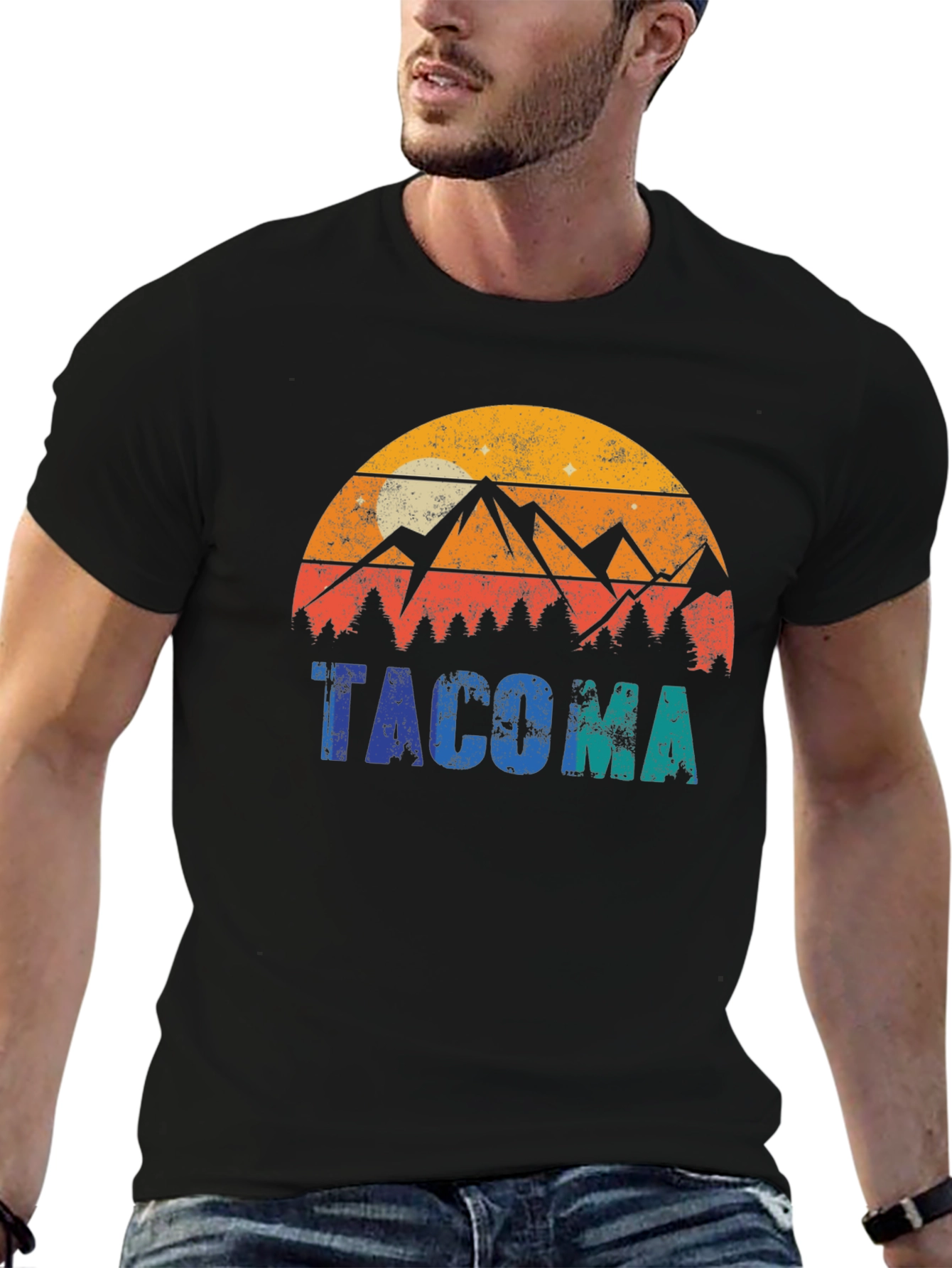 Tacoma Mountain Graphic Tee - Retro Style Black T-Shirt