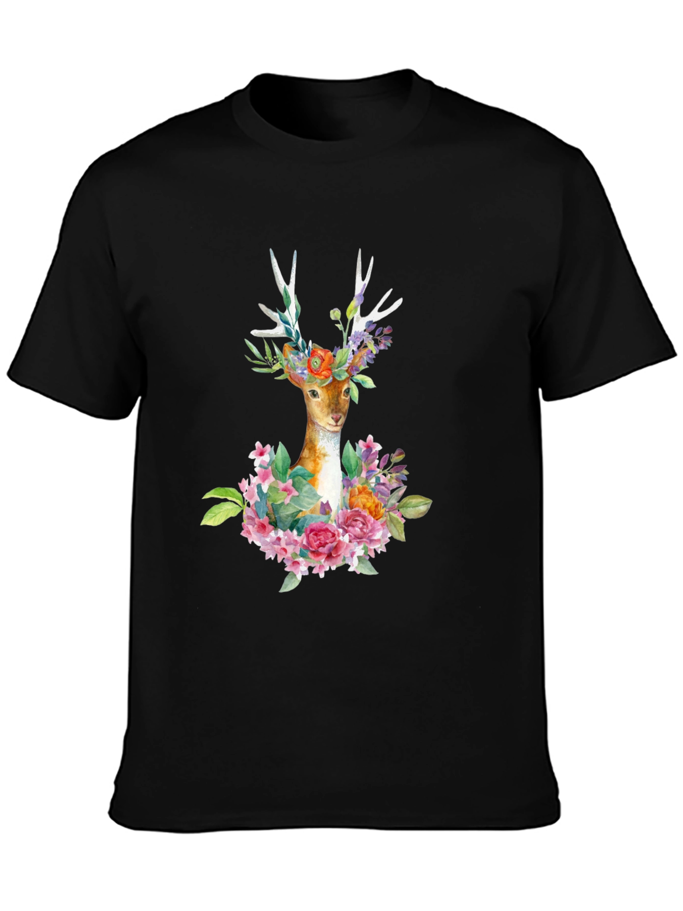 Deer with Flowers Graphic T-Shirt - Black