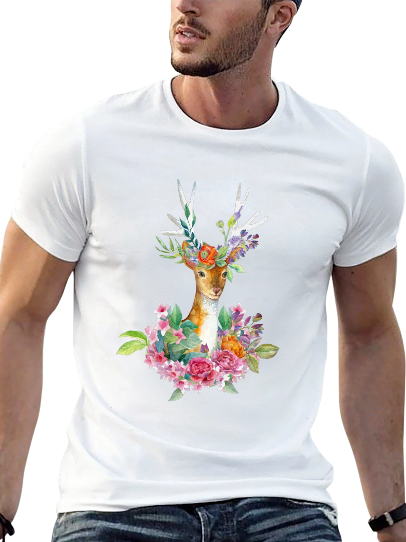Deer with Flowers Graphic T-Shirt - Black