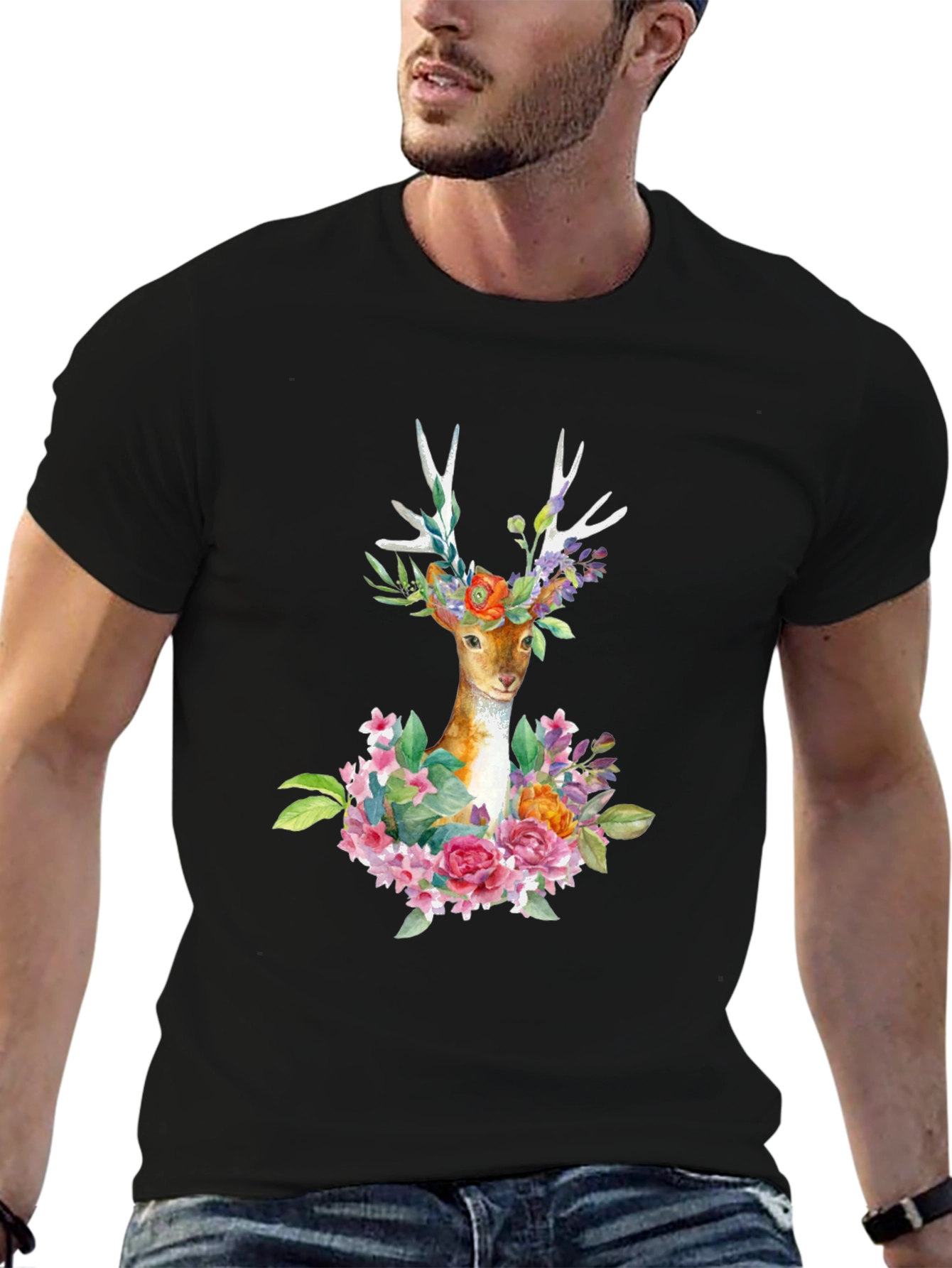 Deer with Flowers Graphic T-Shirt - Black