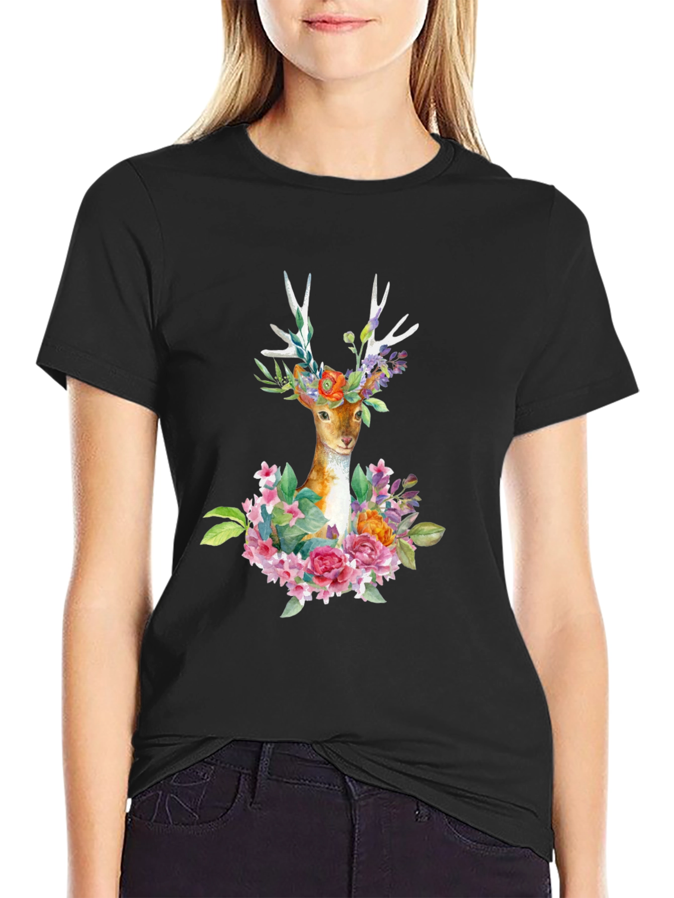 Deer with Flowers Graphic T-Shirt - Black