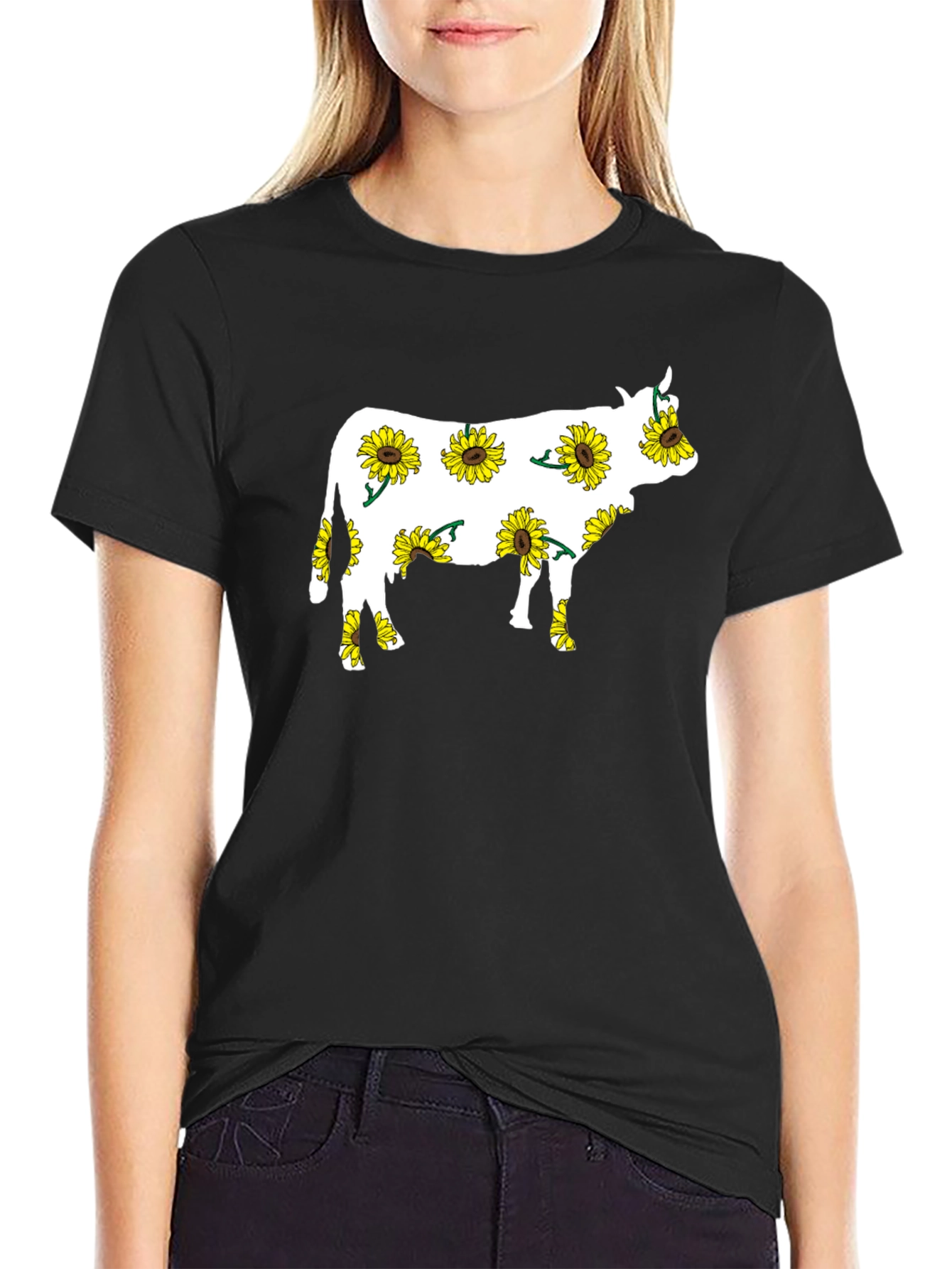 Sunflower Cow Graphic Tee - Black Cotton T-Shirt
