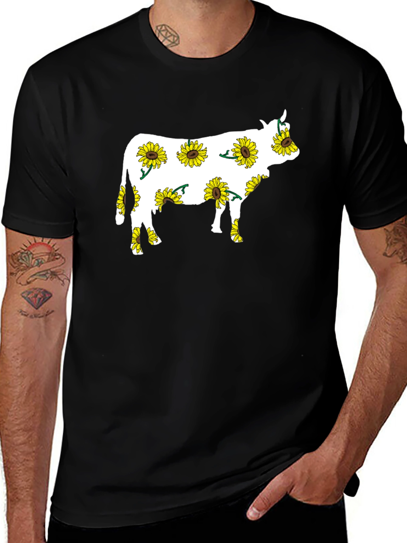 Sunflower Cow Graphic Tee - Black Cotton T-Shirt