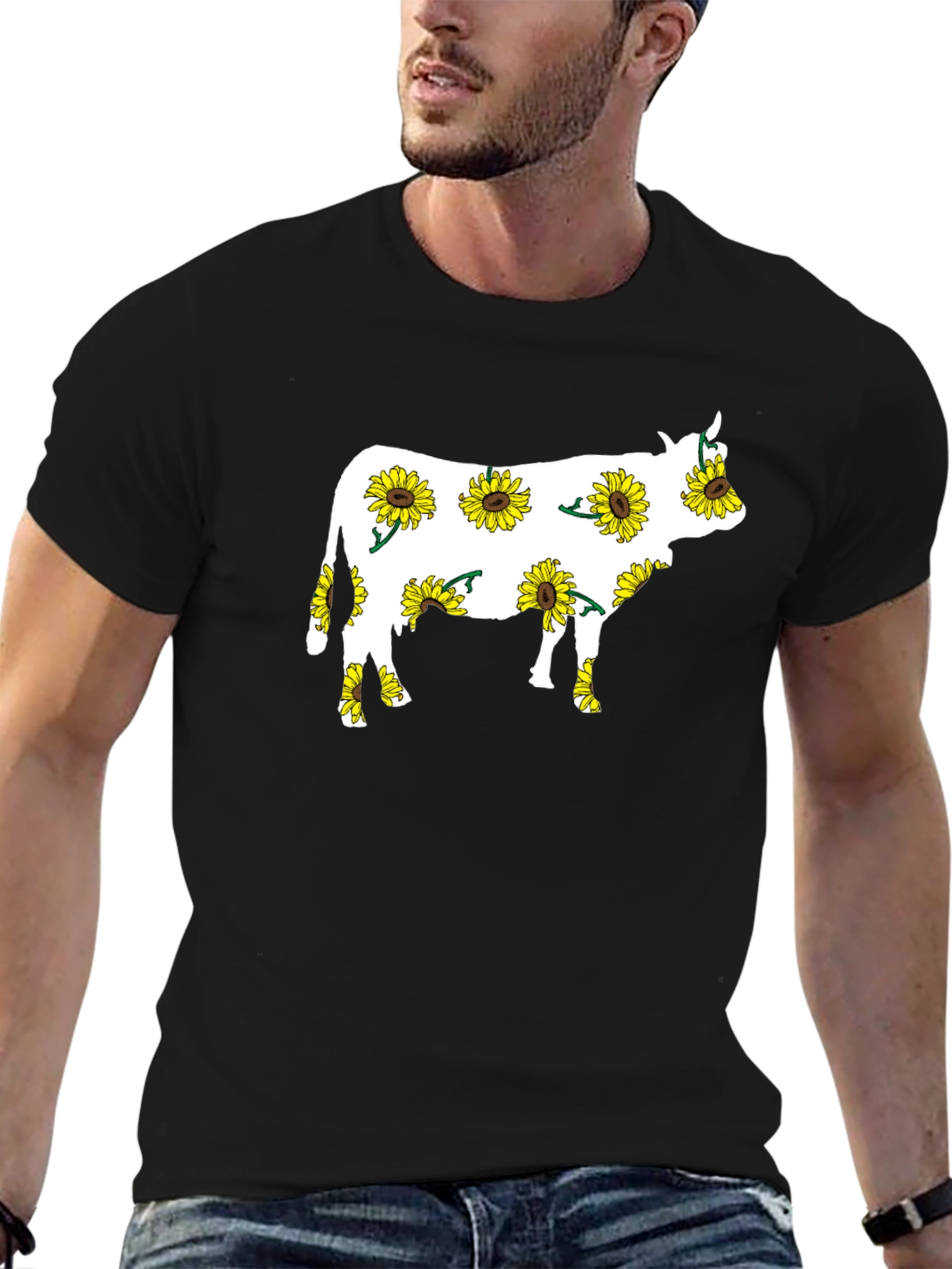 Sunflower Cow Graphic Tee - Black Cotton T-Shirt