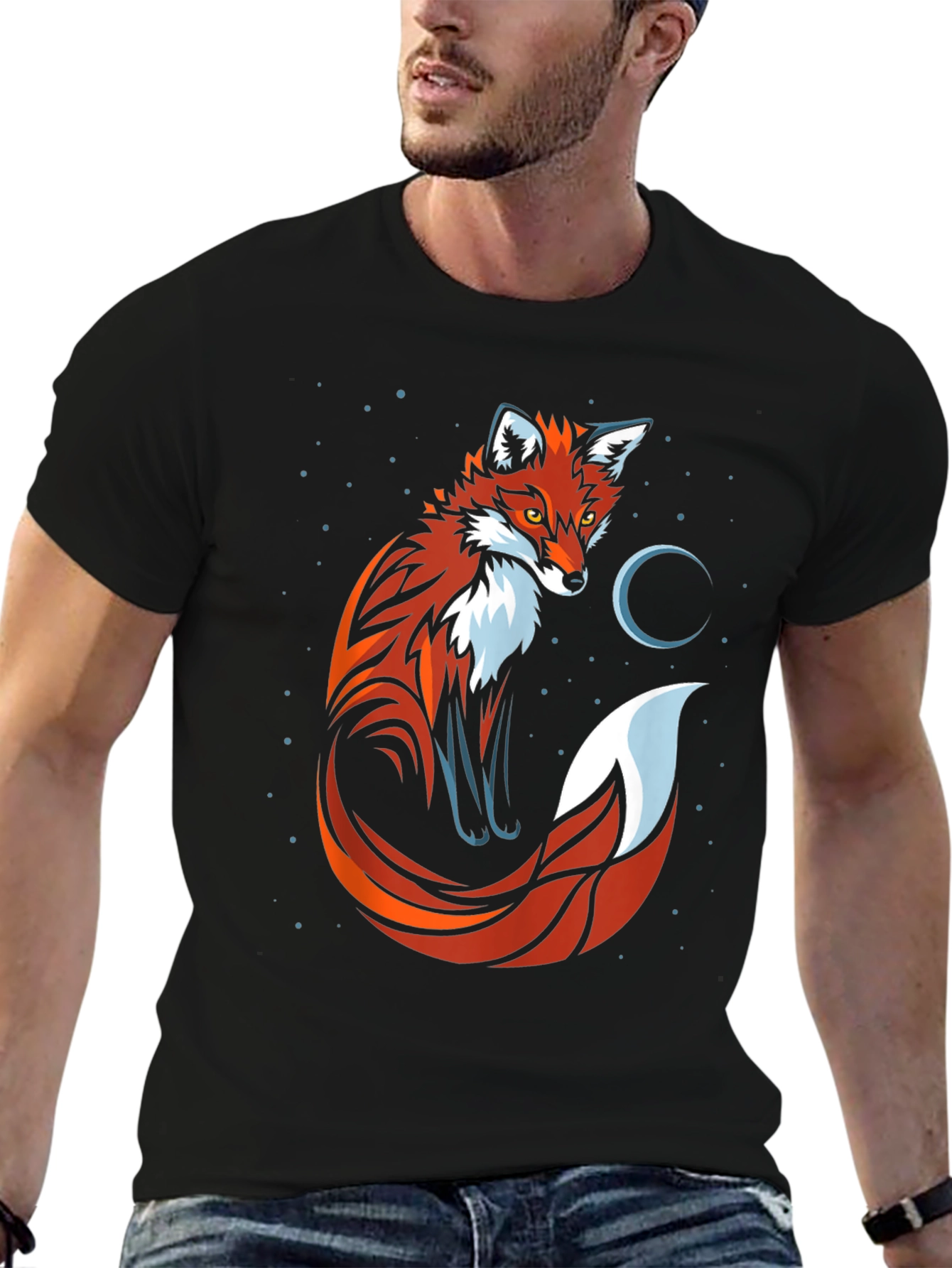 Fox and Moon Graphic Tee - Black Cotton T-Shirt