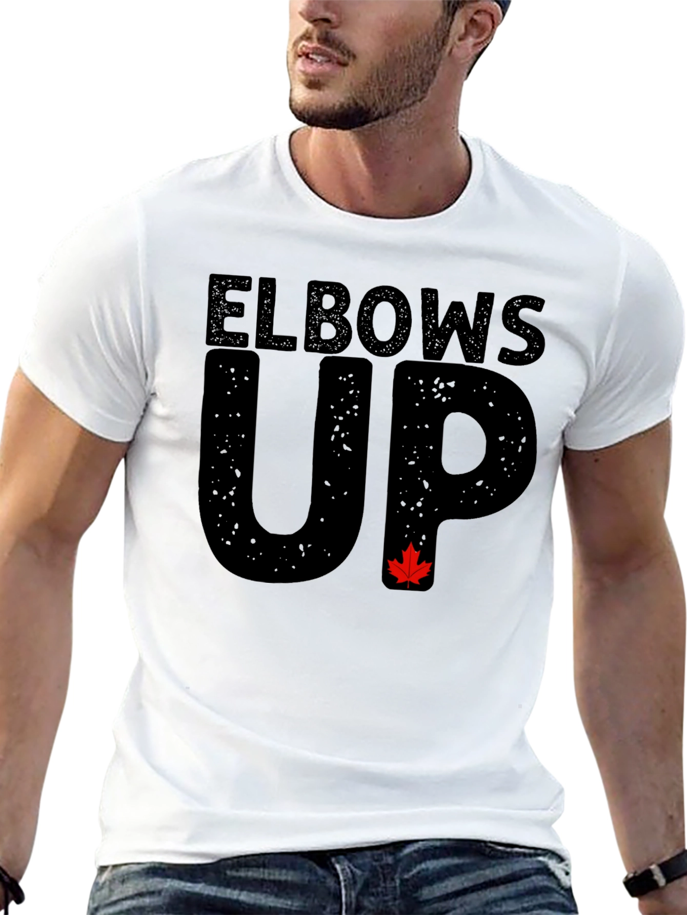Elbows Up Black T-Shirt with Maple Leaf Accent