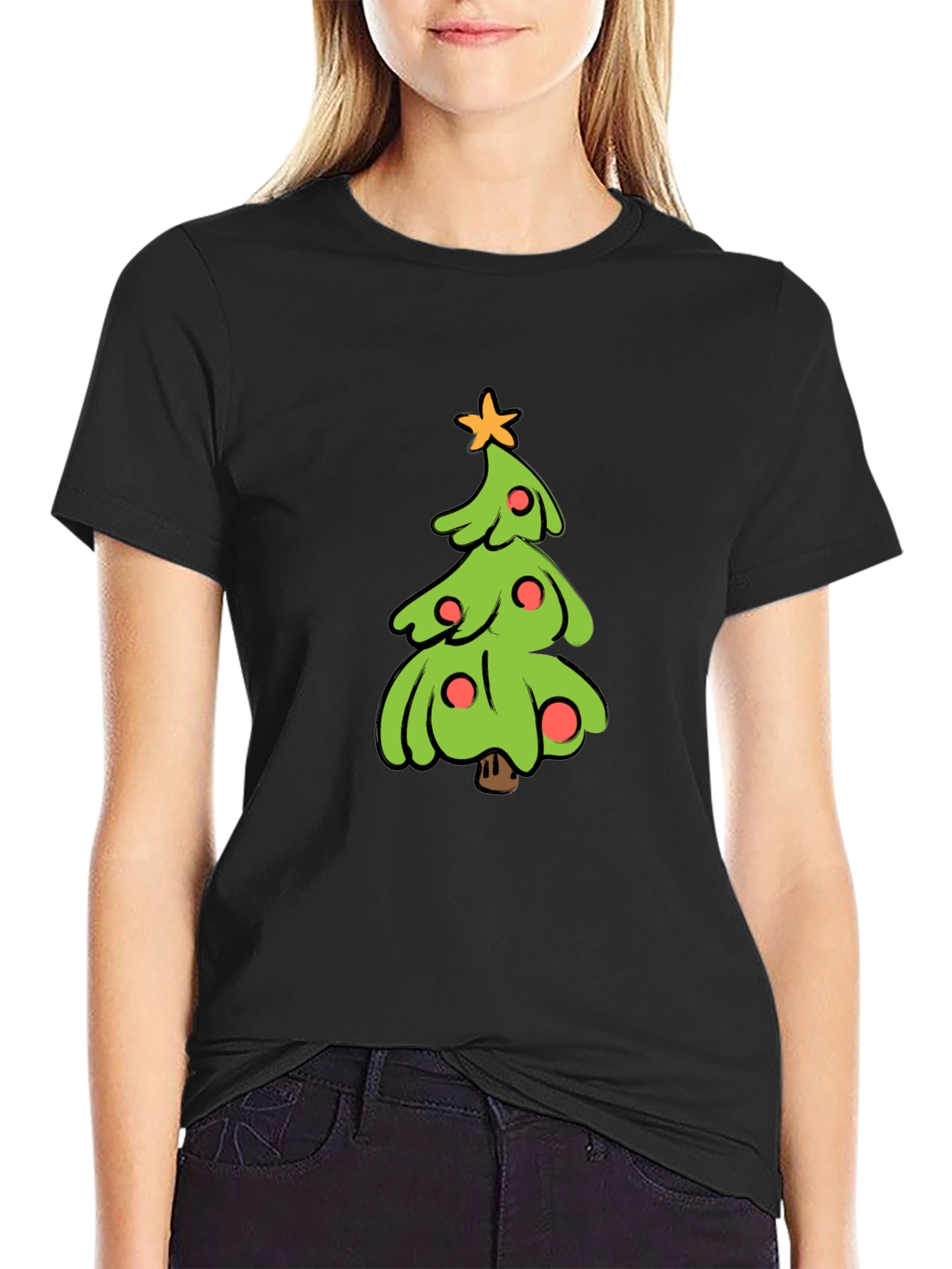 Festive Christmas Tree Graphic Tee - Black