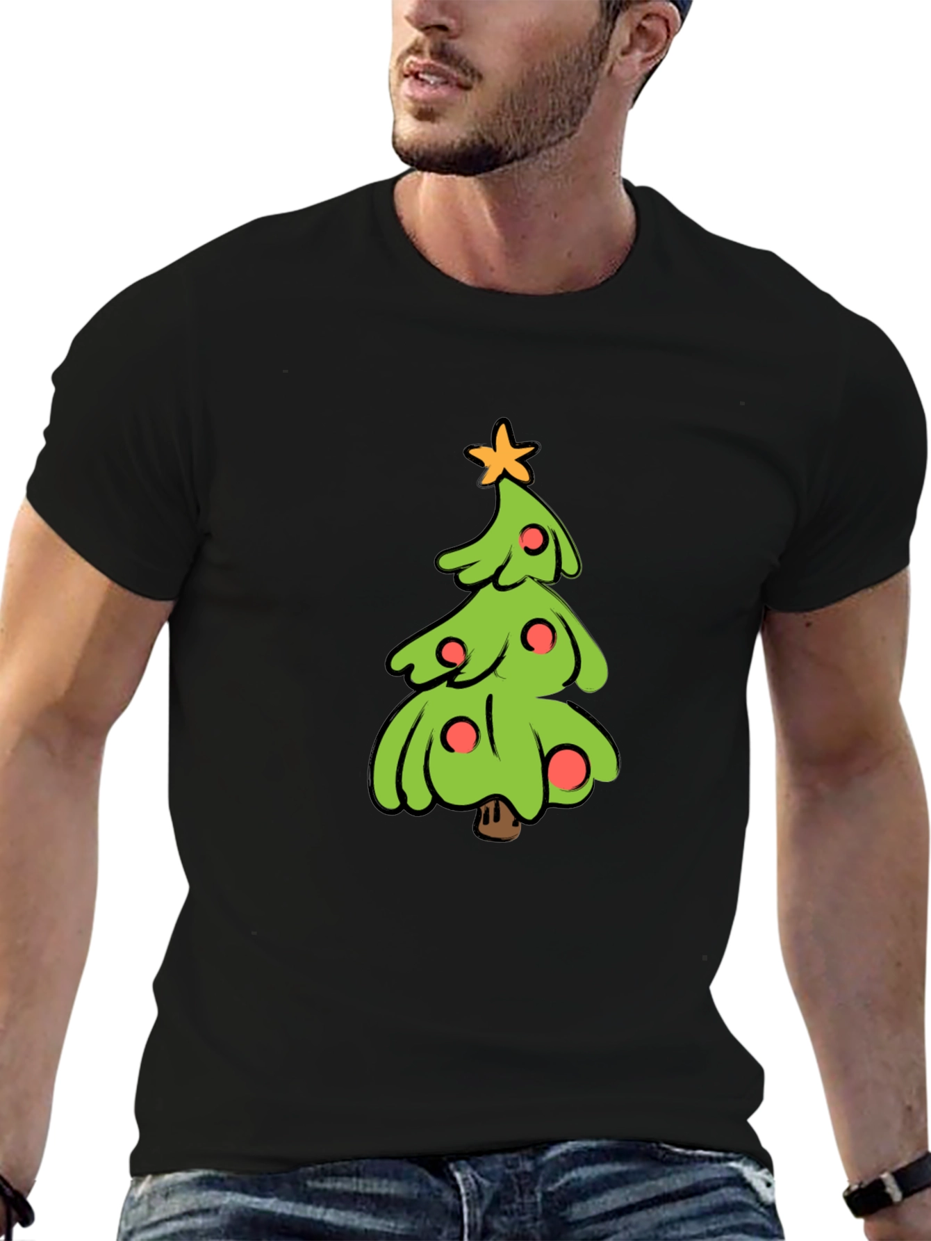Festive Christmas Tree Graphic Tee - Black