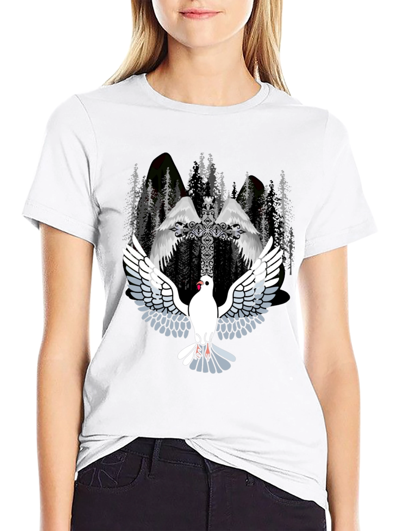 Dove & Cross Graphic T-Shirt - Religious Style