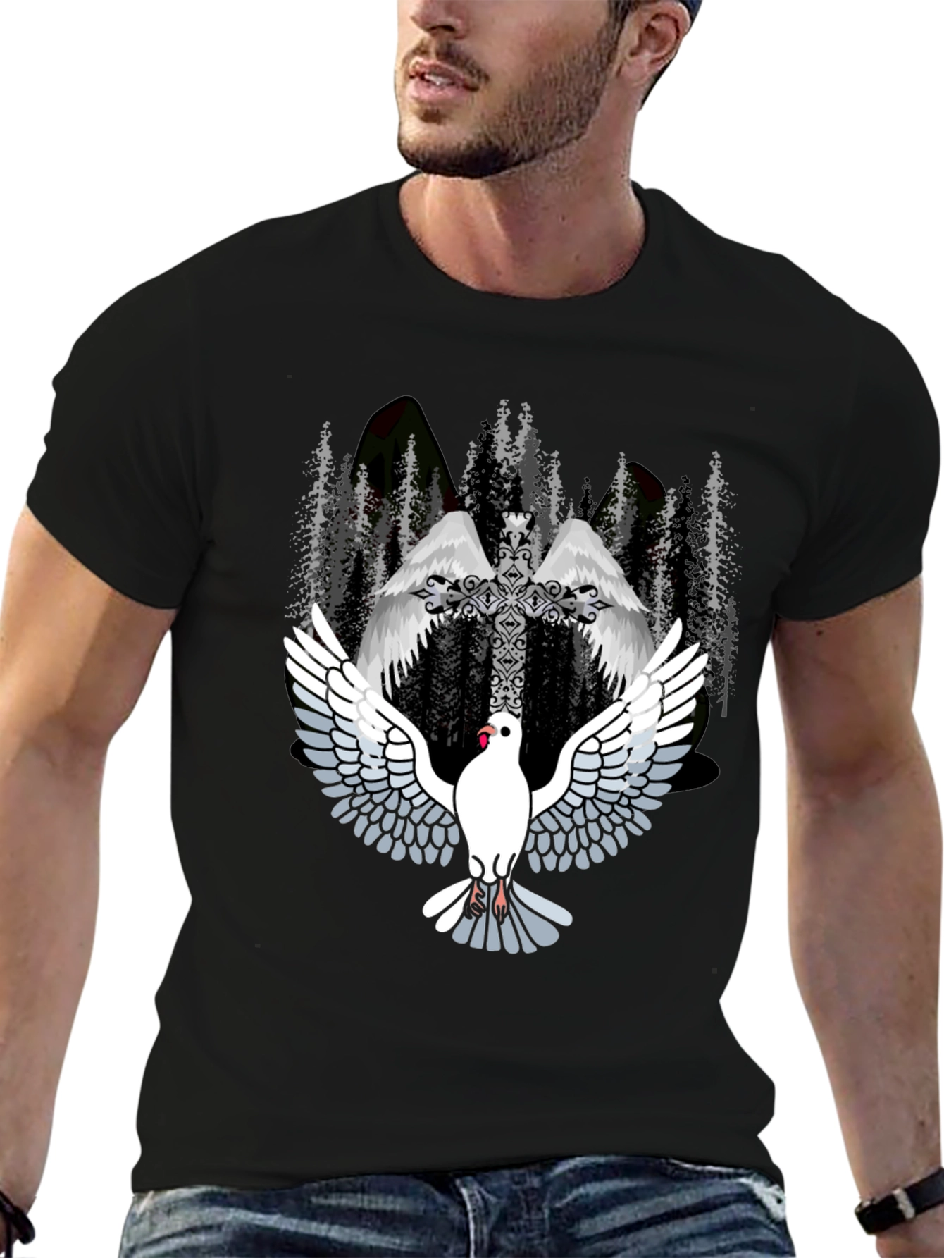 Dove & Cross Graphic T-Shirt - Religious Style