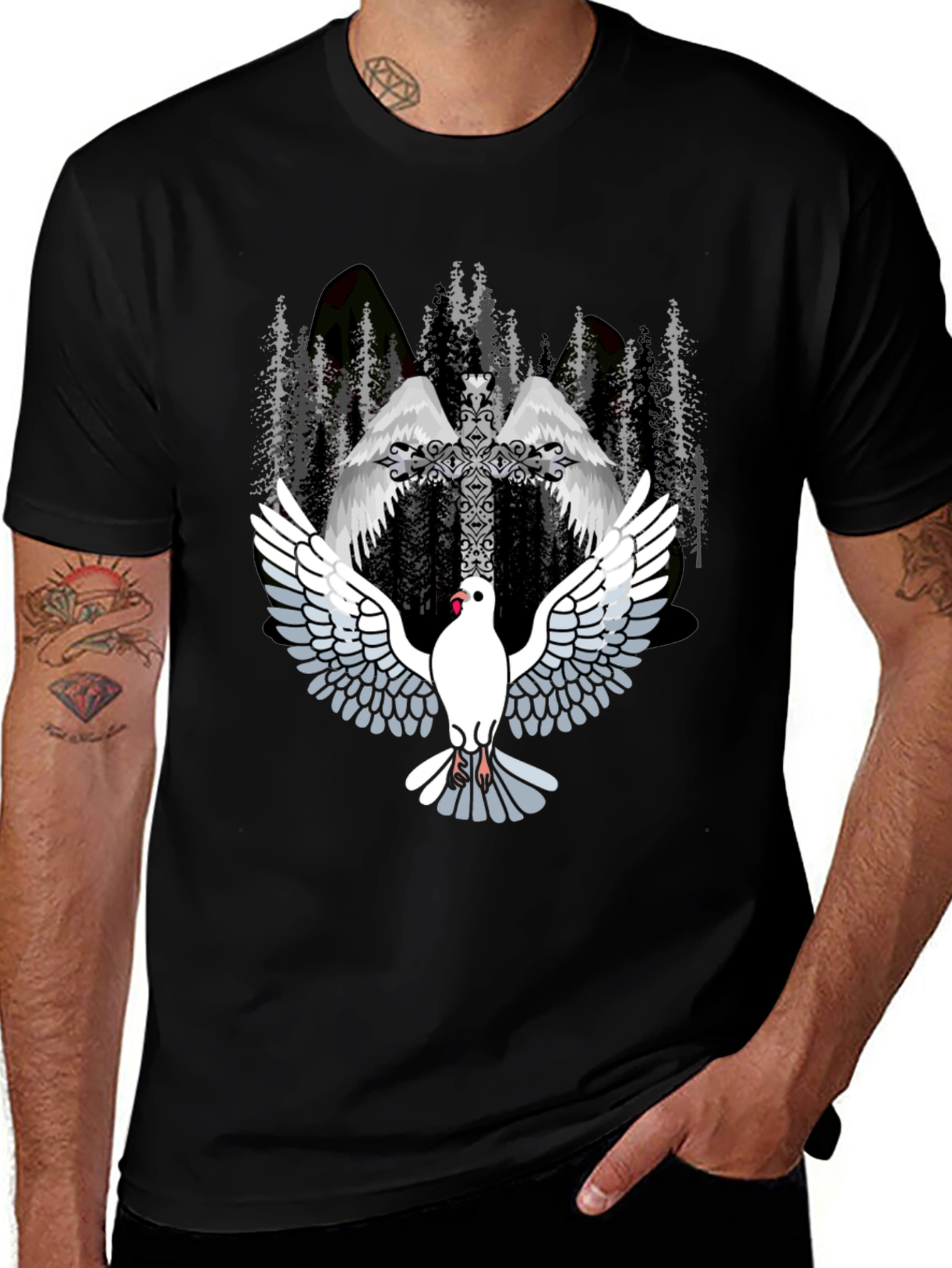 Dove & Cross Graphic T-Shirt - Religious Style