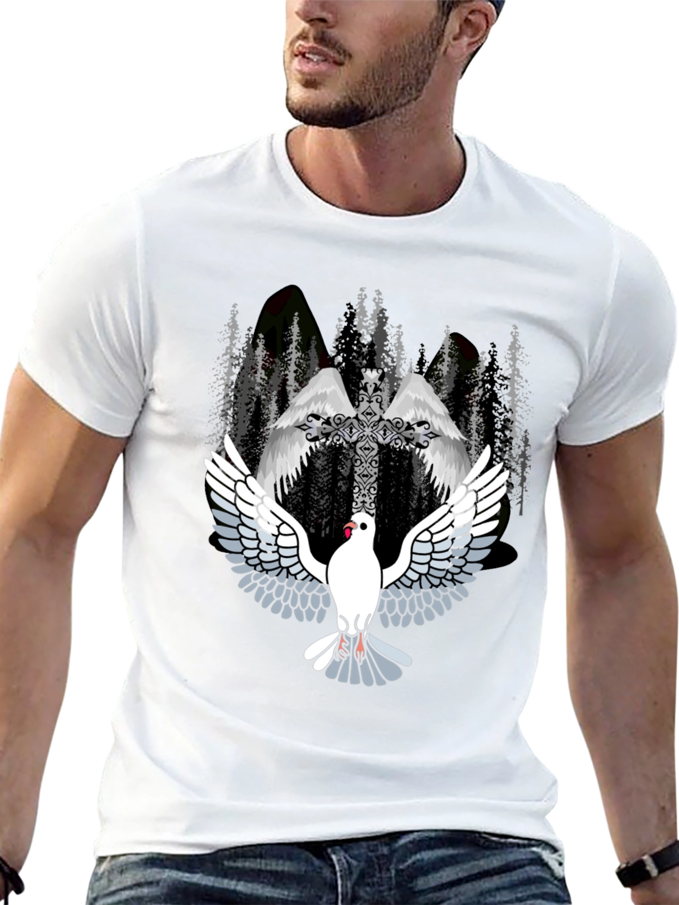 Dove & Cross Graphic T-Shirt - Religious Style