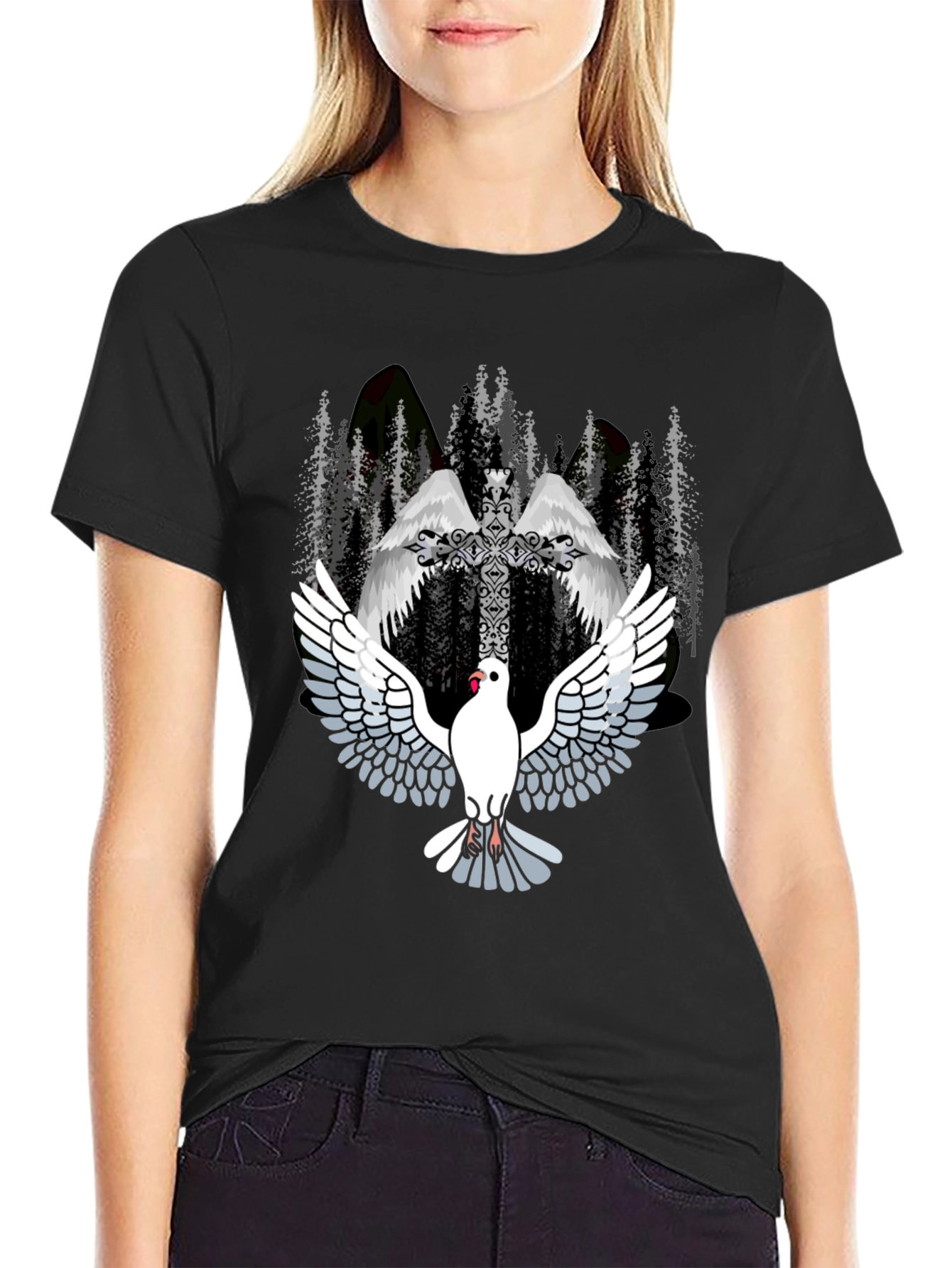 Dove & Cross Graphic T-Shirt - Religious Style