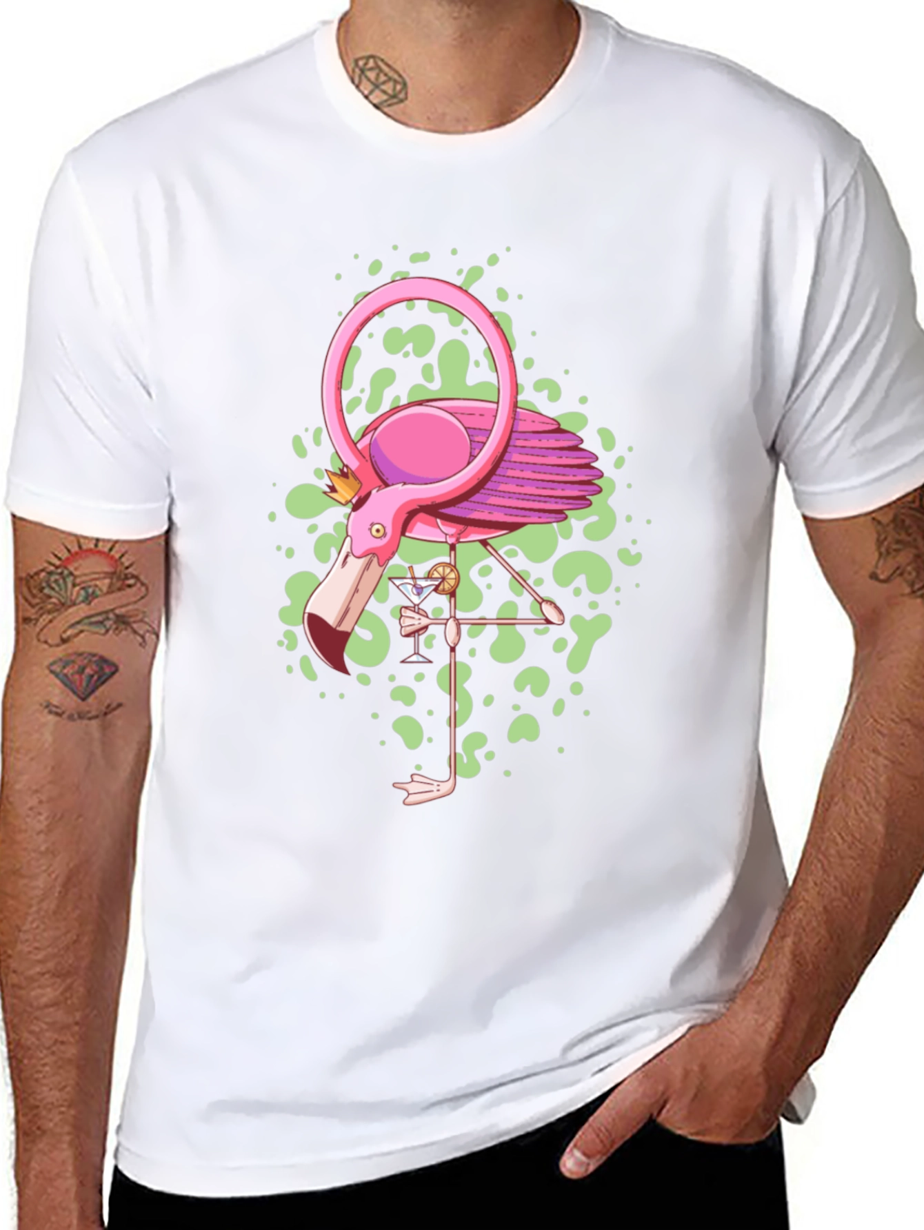 Whimsical Flamingo Graphic Tee - Black Cotton Blend