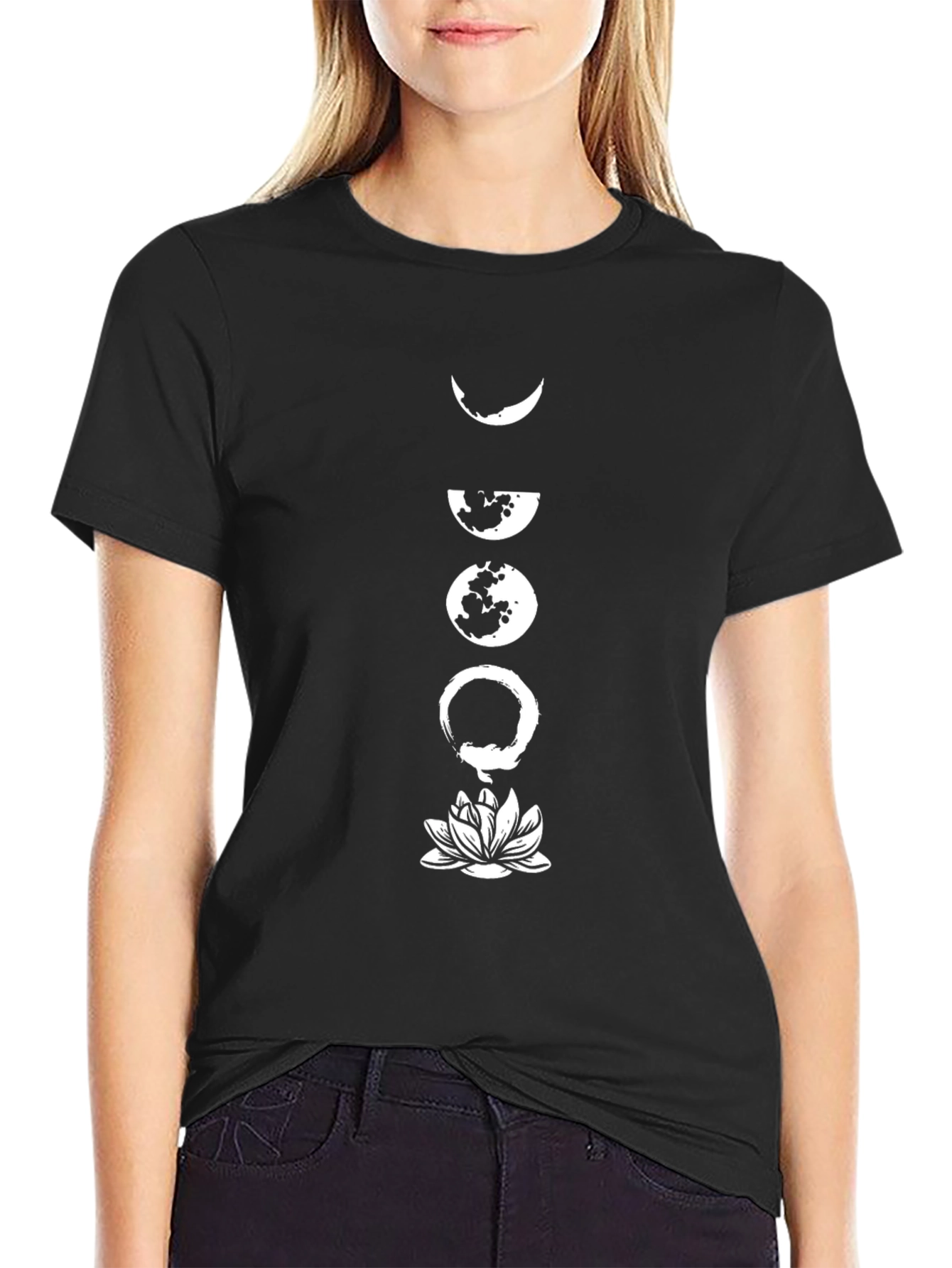 Moon Phase Lotus Graphic Tee - Black