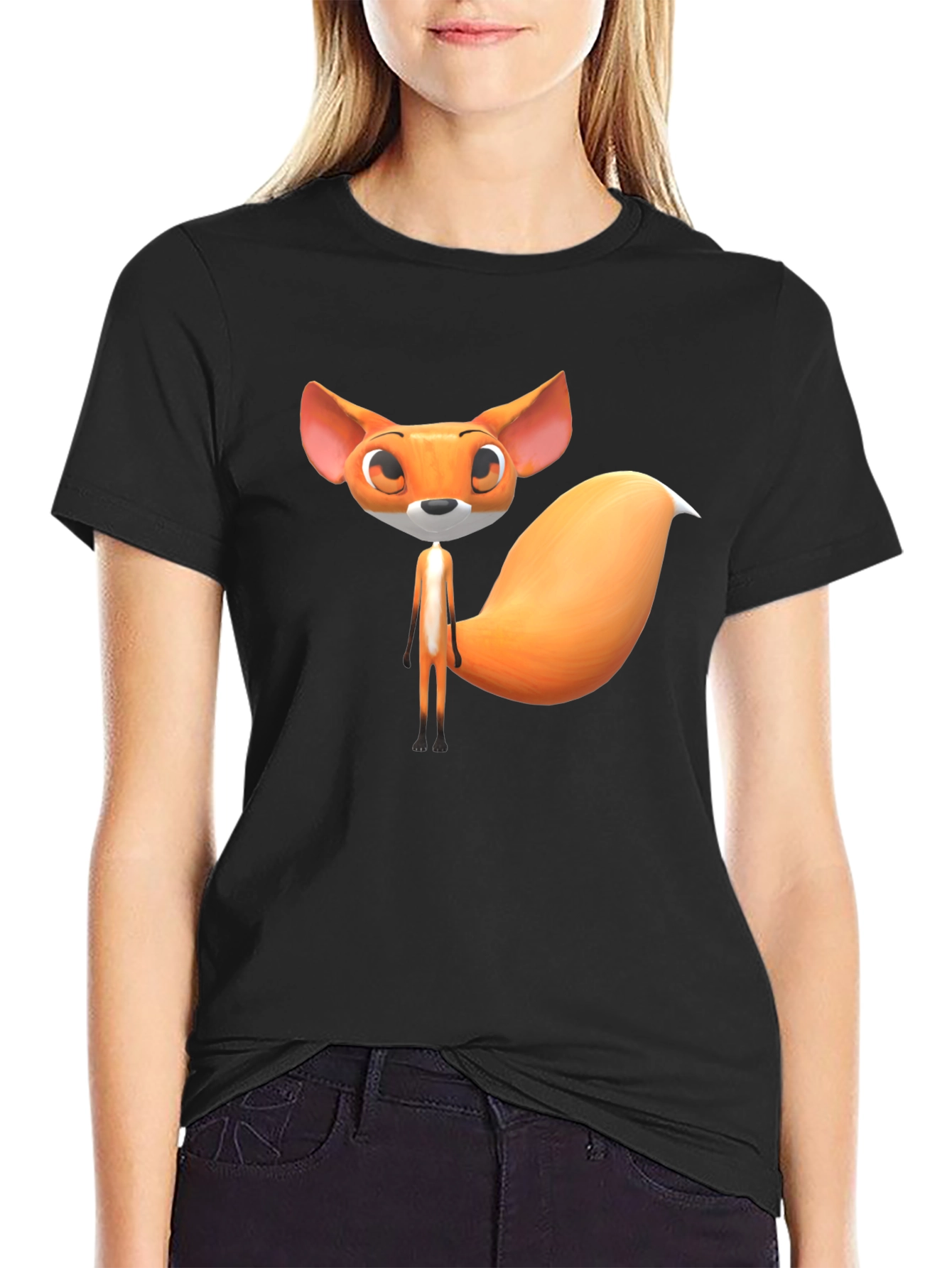 Cute Cartoon Fox Graphic T-Shirt - Black