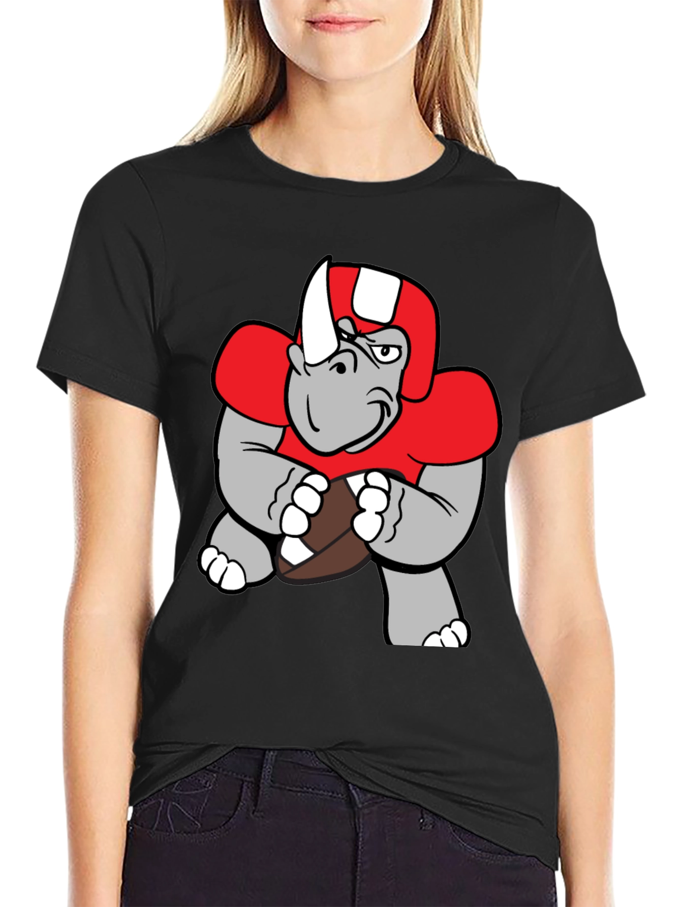 Rhino Football Player T-Shirt - Unique Cartoon Design