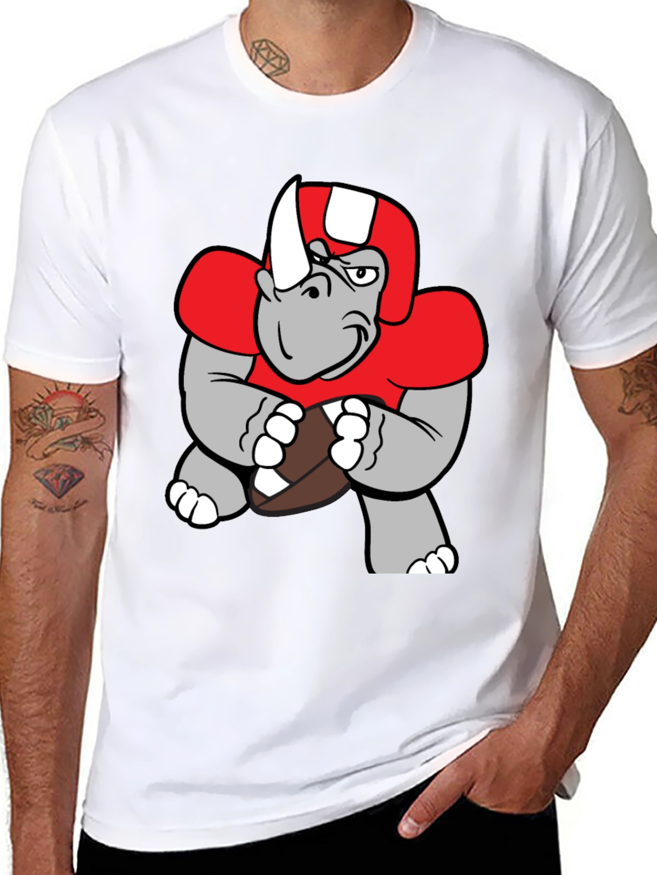 Rhino Football Player T-Shirt - Unique Cartoon Design