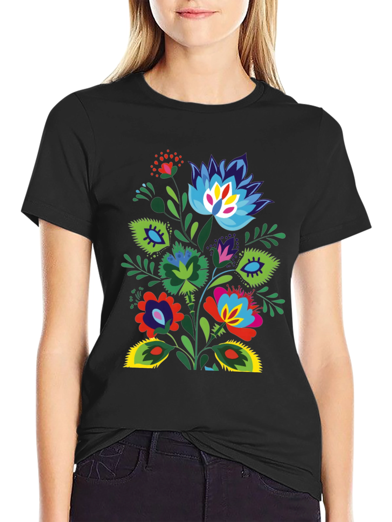 Floral Folk Art Black T-Shirt