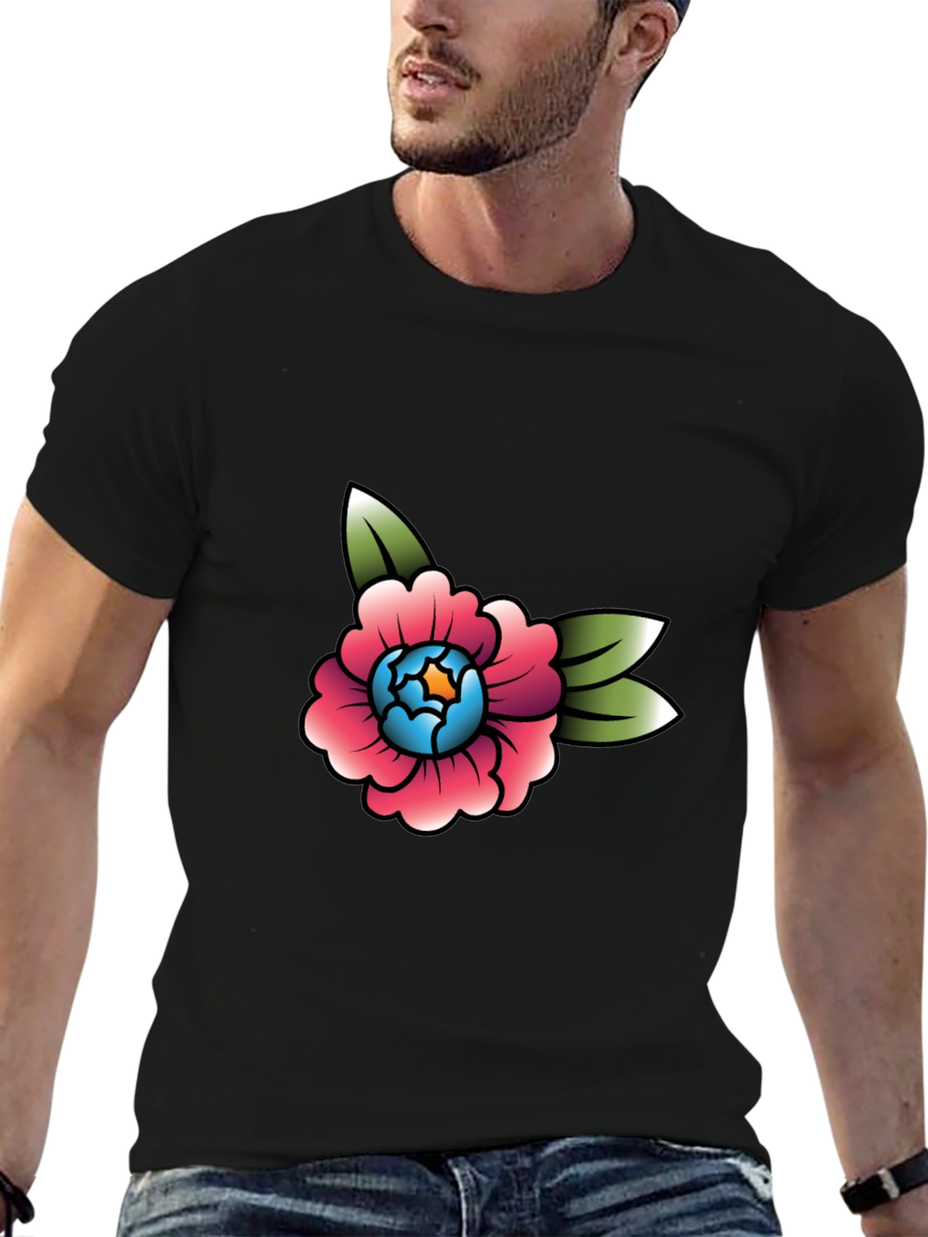 Floral Tattoo Style Graphic Tee - Black Cotton