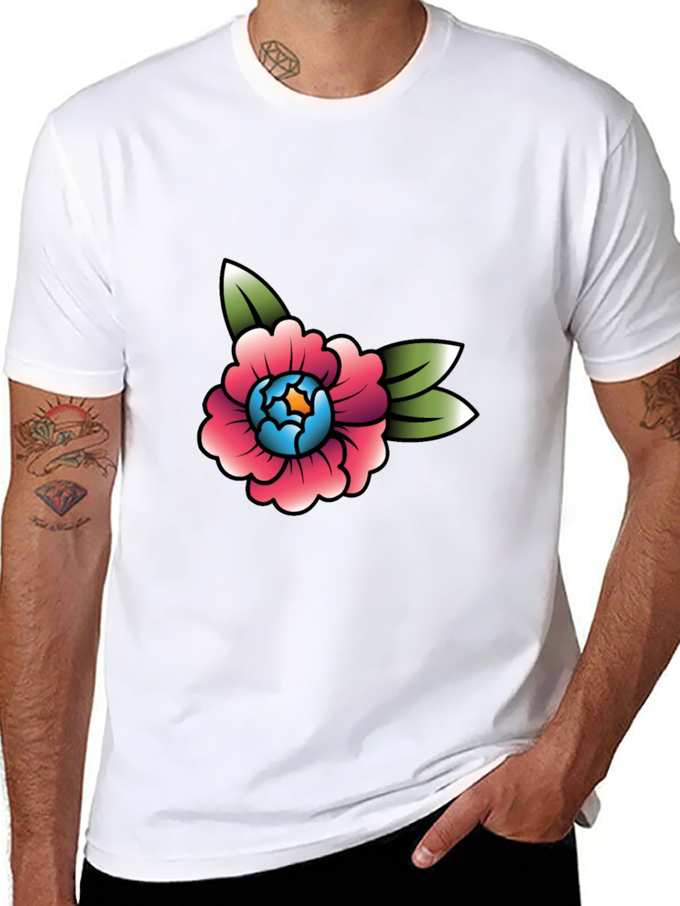 Floral Tattoo Style Graphic Tee - Black Cotton