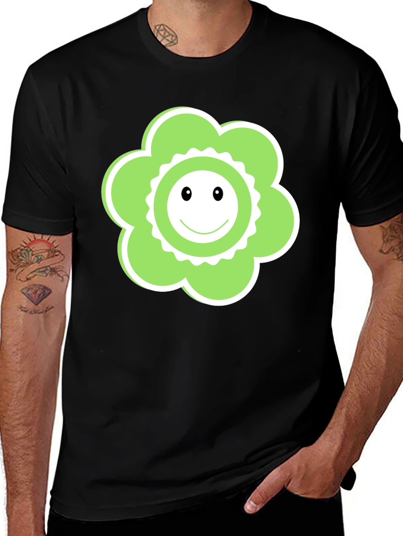Funky Flower Smiley Face Black T-Shirt