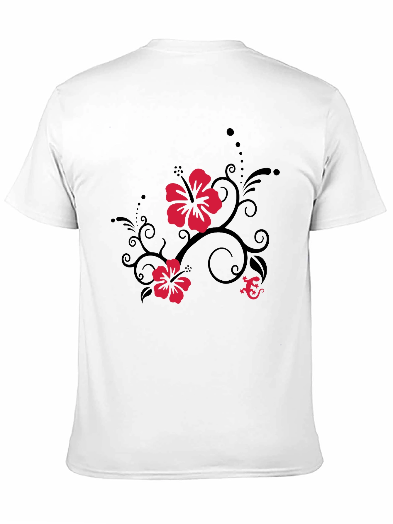 Black Tee with Hibiscus Flower and Gecko Design