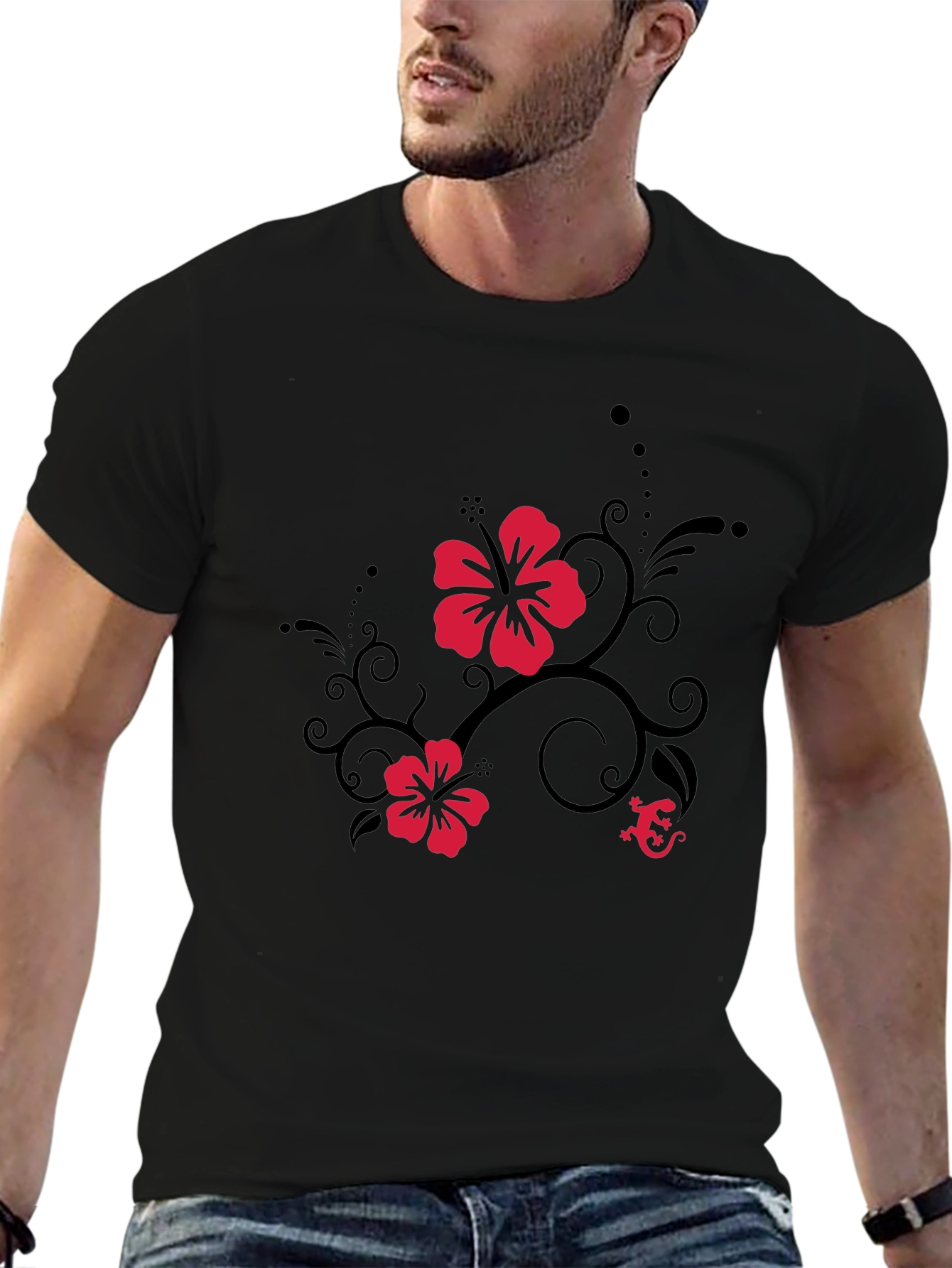 Black Tee with Hibiscus Flower and Gecko Design