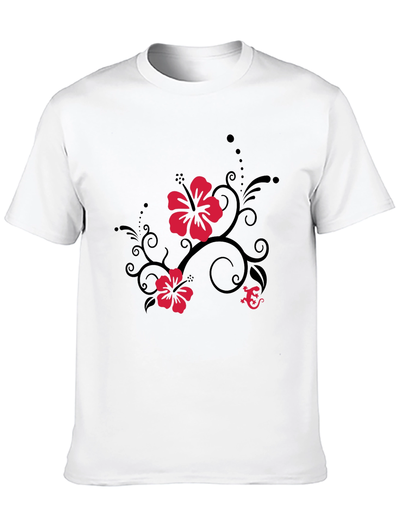 Black Tee with Hibiscus Flower and Gecko Design
