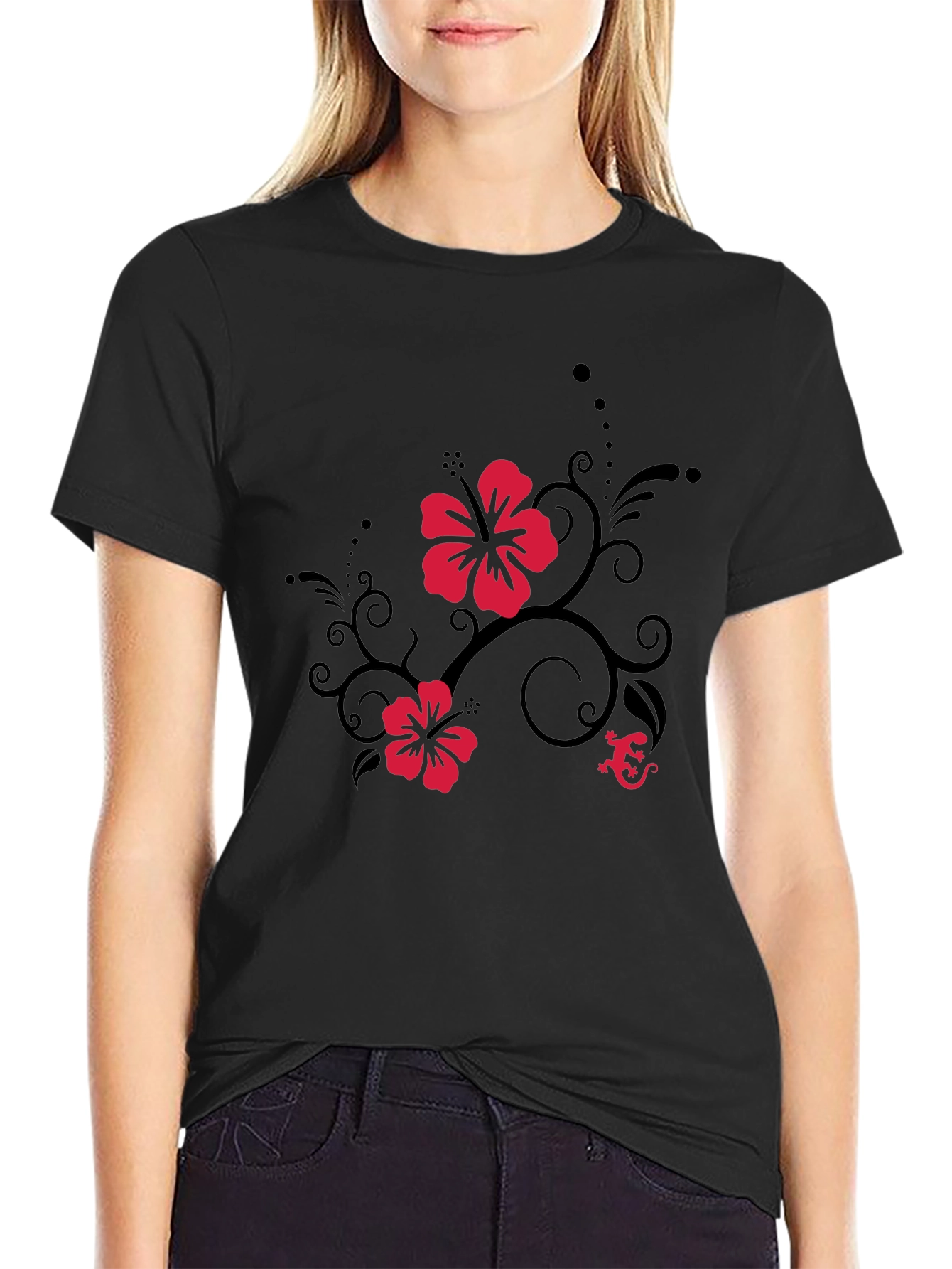 Black Tee with Hibiscus Flower and Gecko Design