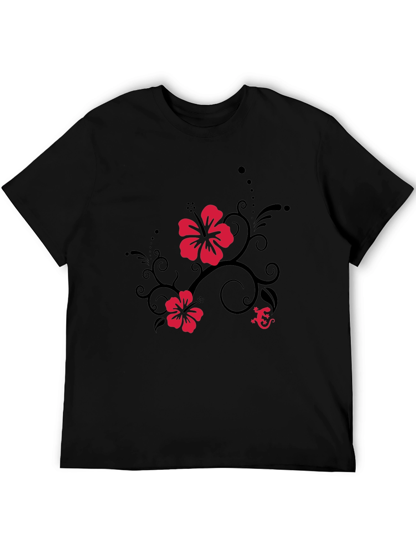 Black Tee with Hibiscus Flower and Gecko Design