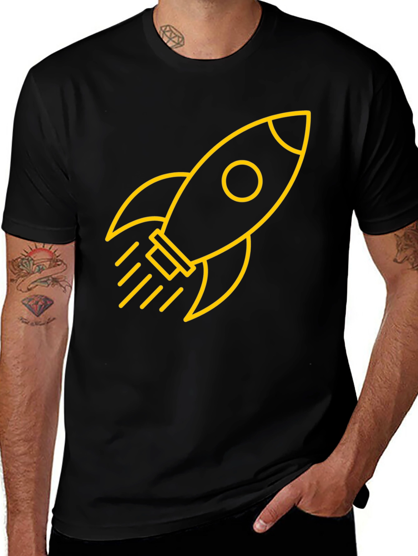 Black T-Shirt with Yellow Rocket Graphic