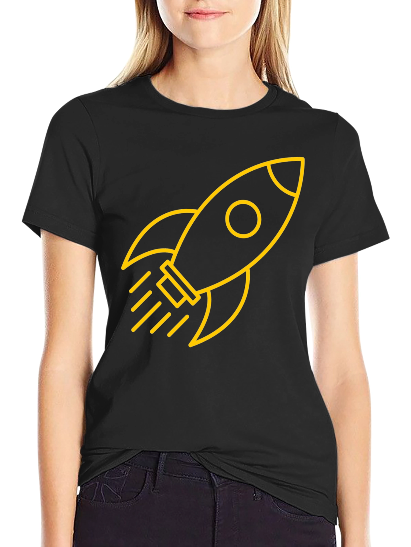 Black T-Shirt with Yellow Rocket Graphic