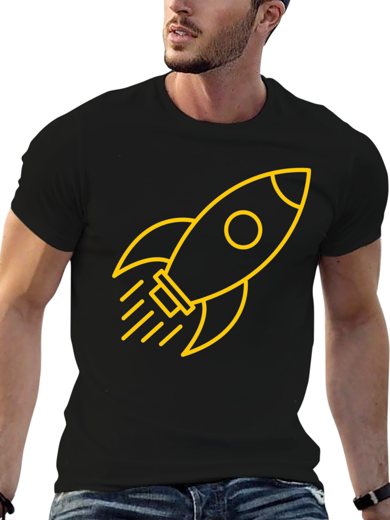 Black T-Shirt with Yellow Rocket Graphic