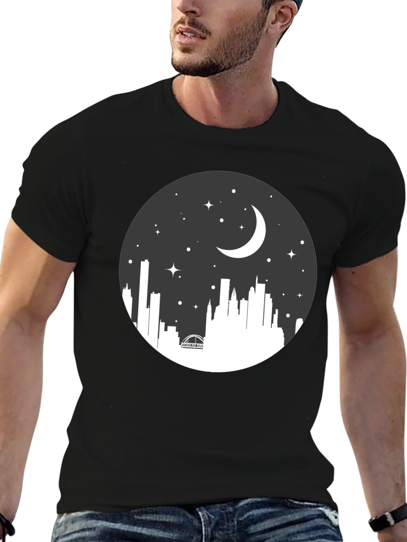 Night Skyline Graphic Tee - Black Crew Neck