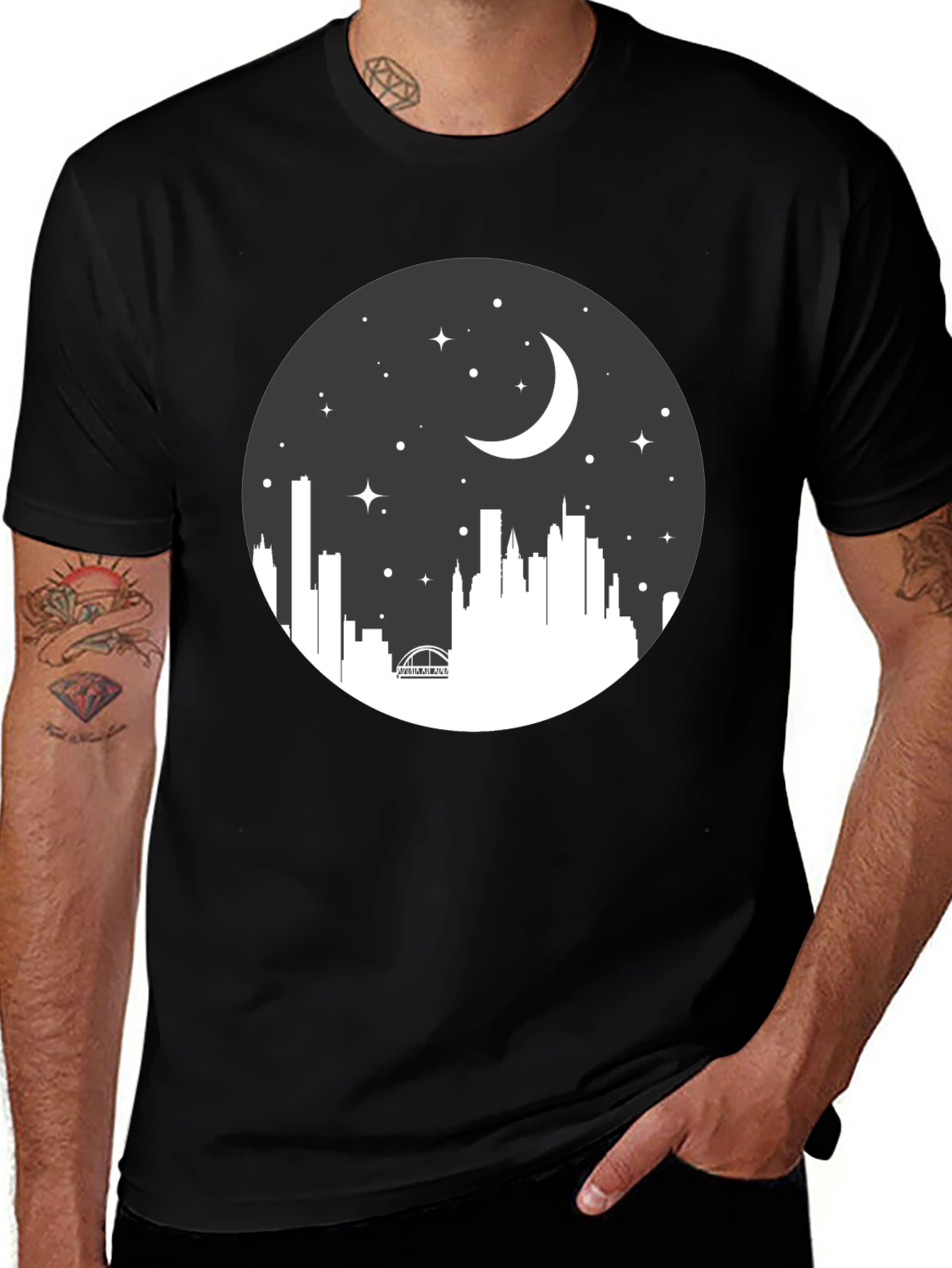 Night Skyline Graphic Tee - Black Crew Neck