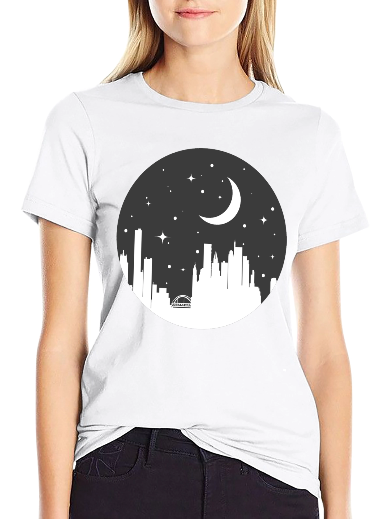 Night Skyline Graphic Tee - Black Crew Neck